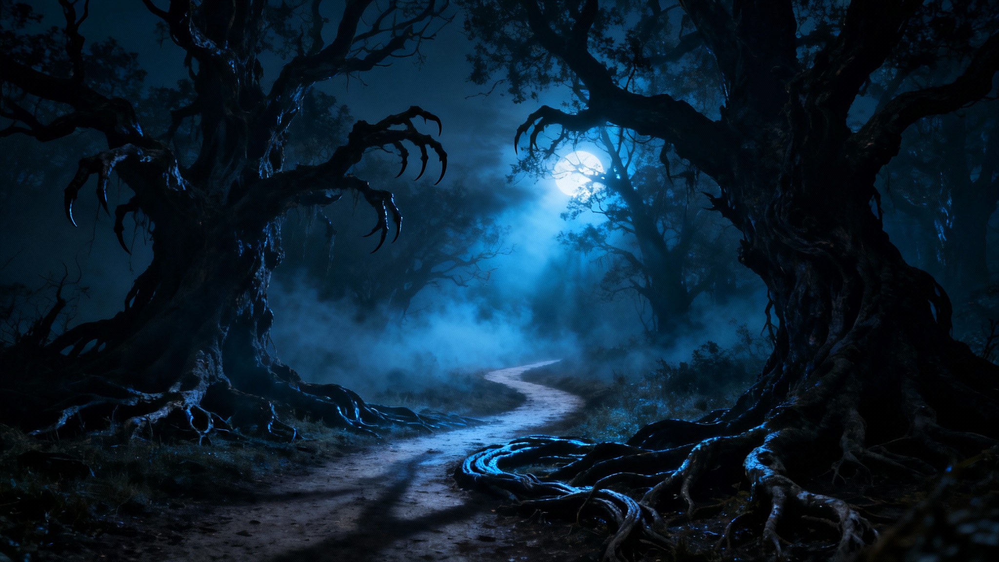 A winding path leading into a dark, foggy, and haunted forest at night, with gnarled trees and eerie moonlight creating a spooky atmosphere.