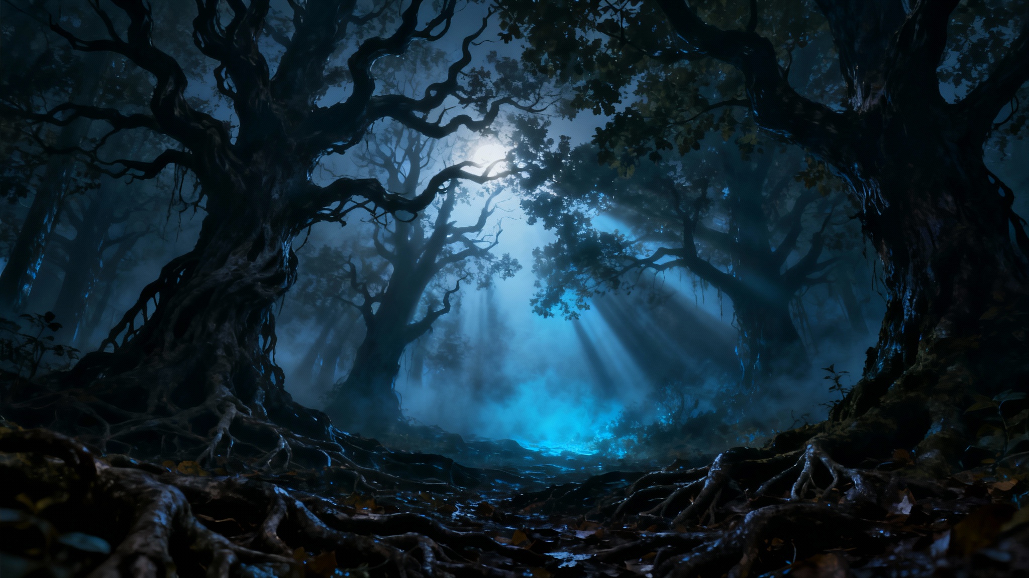 A spooky, haunted forest at night, featuring gnarled trees, thick glowing fog, and dramatic shafts of moonlight creating an ominous atmosphere.