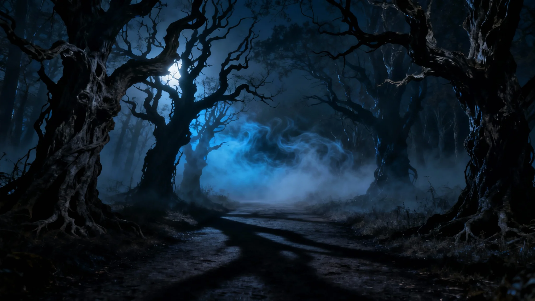 An eerie depiction of a haunted forest at night, featuring gnarled trees, a thick layer of fog, and a mysterious blue glow, all presented against a stark white background.