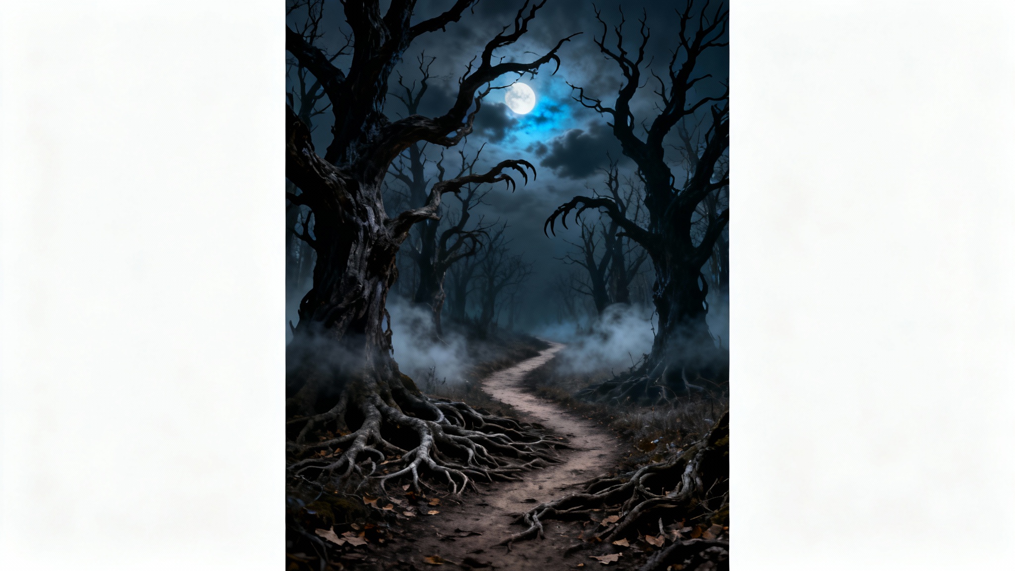 A spooky, photorealistic image of a path leading into a dark, foggy forest at night, with gnarled, bare trees under a faint moonlight.