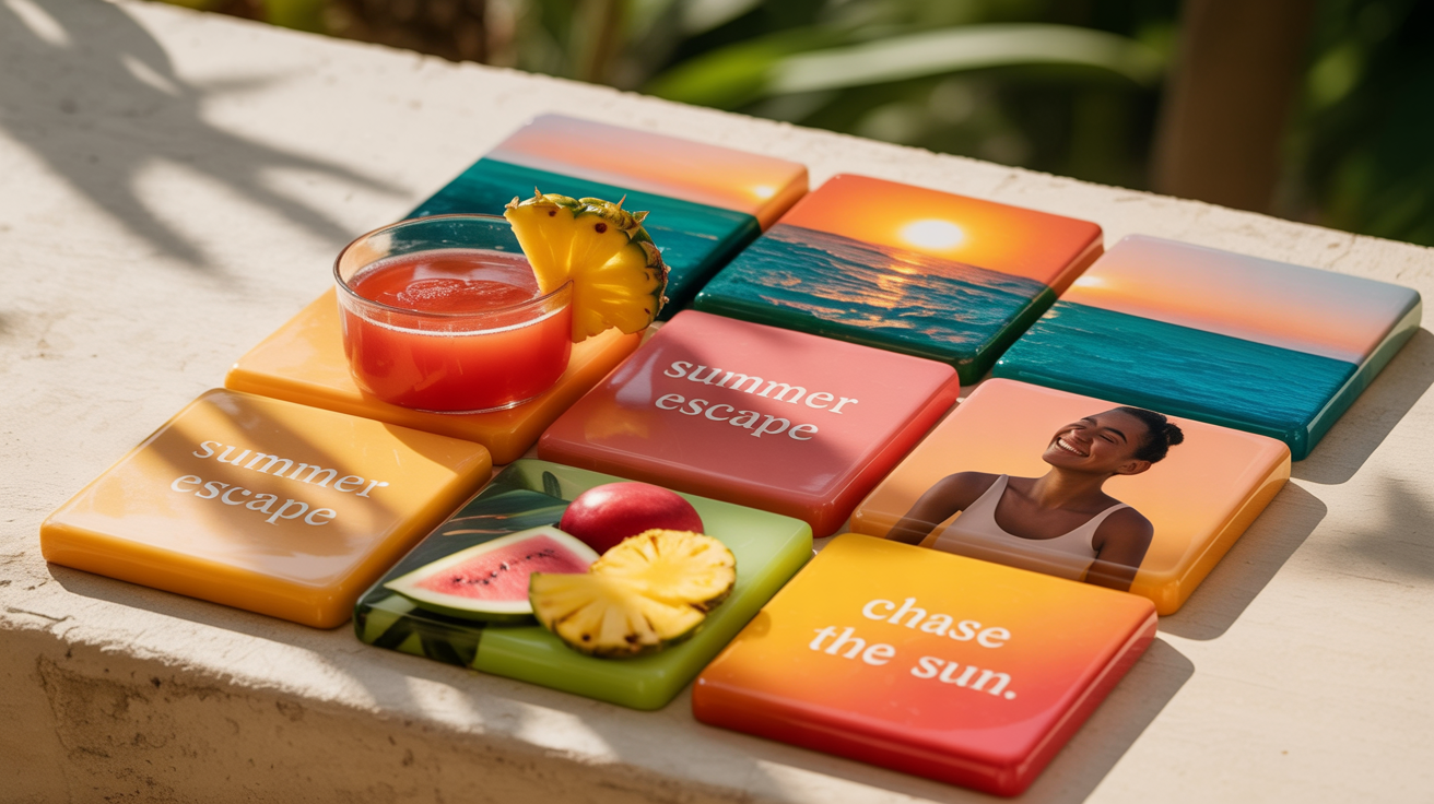 A beautifully designed 3x3 Instagram puzzle grid with a vibrant summer travel theme, displayed on a clean background. The nine images connect to show a beach sunset, a tropical drink, and summer fruits, with elegant text overlays like 'Summer Escape'.