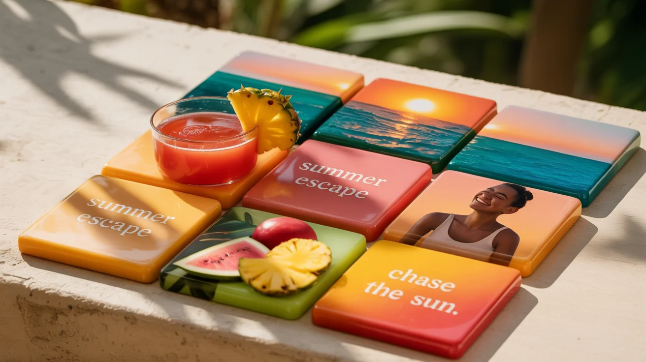 A beautifully designed 3x3 Instagram puzzle grid with a vibrant summer travel theme, displayed on a clean background. The nine images connect to show a beach sunset, a tropical drink, and summer fruits, with elegant text overlays like 'Summer Escape'.