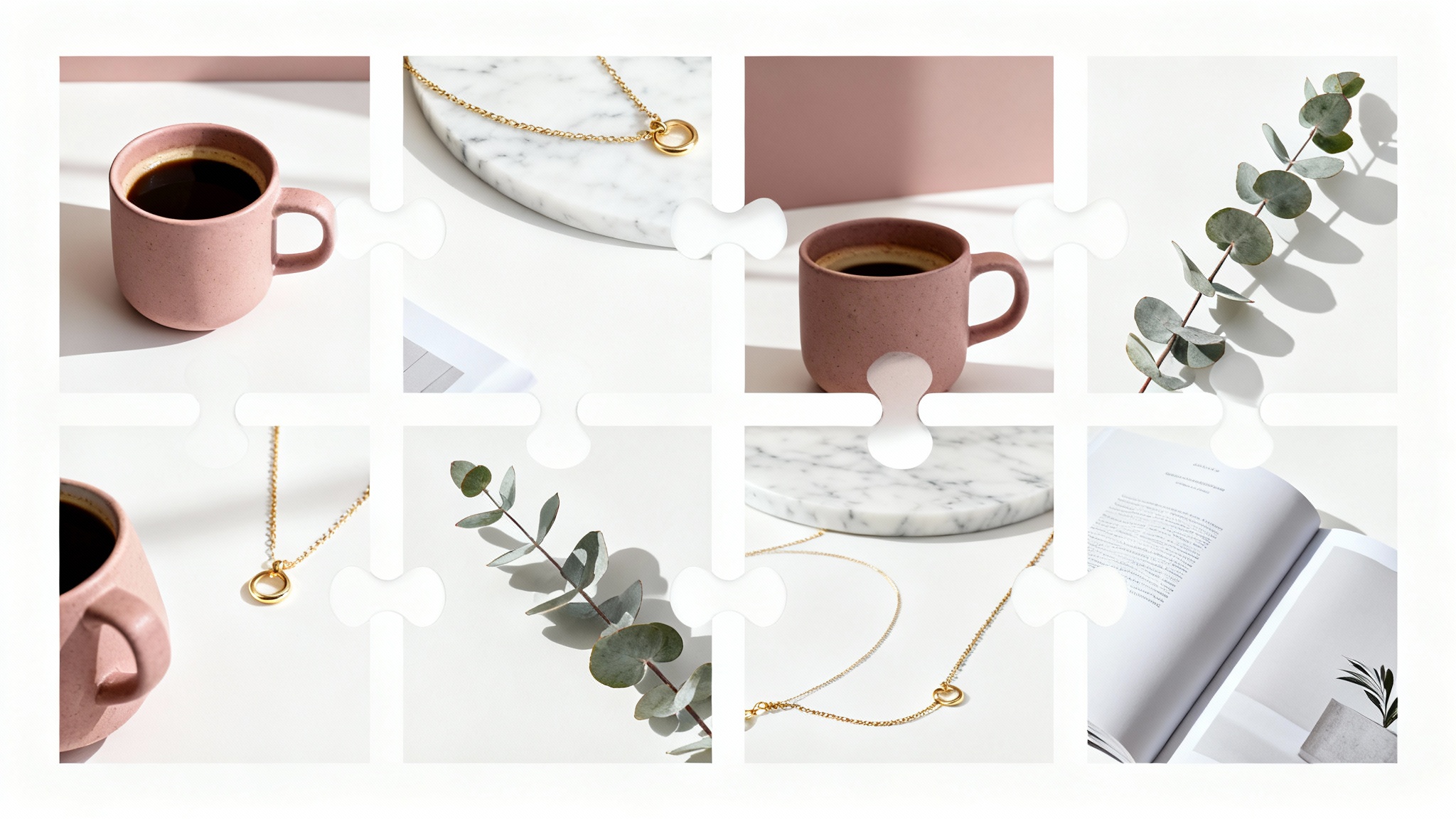 A mockup of a 3x3 Instagram puzzle grid forming a single cohesive and elegant flat lay image of coffee, jewelry, and a magazine, all on a white background.
