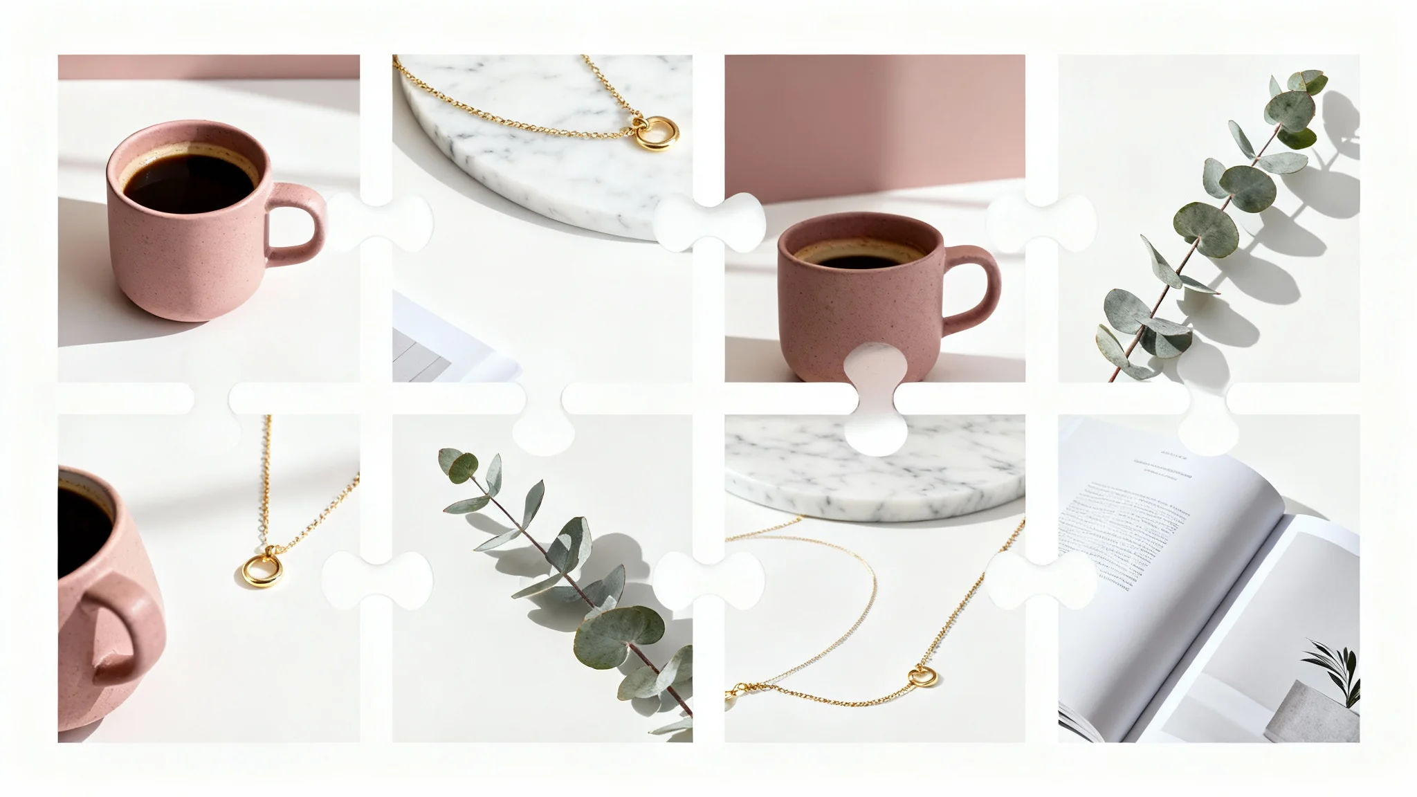 A mockup of a 3x3 Instagram puzzle grid forming a single cohesive and elegant flat lay image of coffee, jewelry, and a magazine, all on a white background.