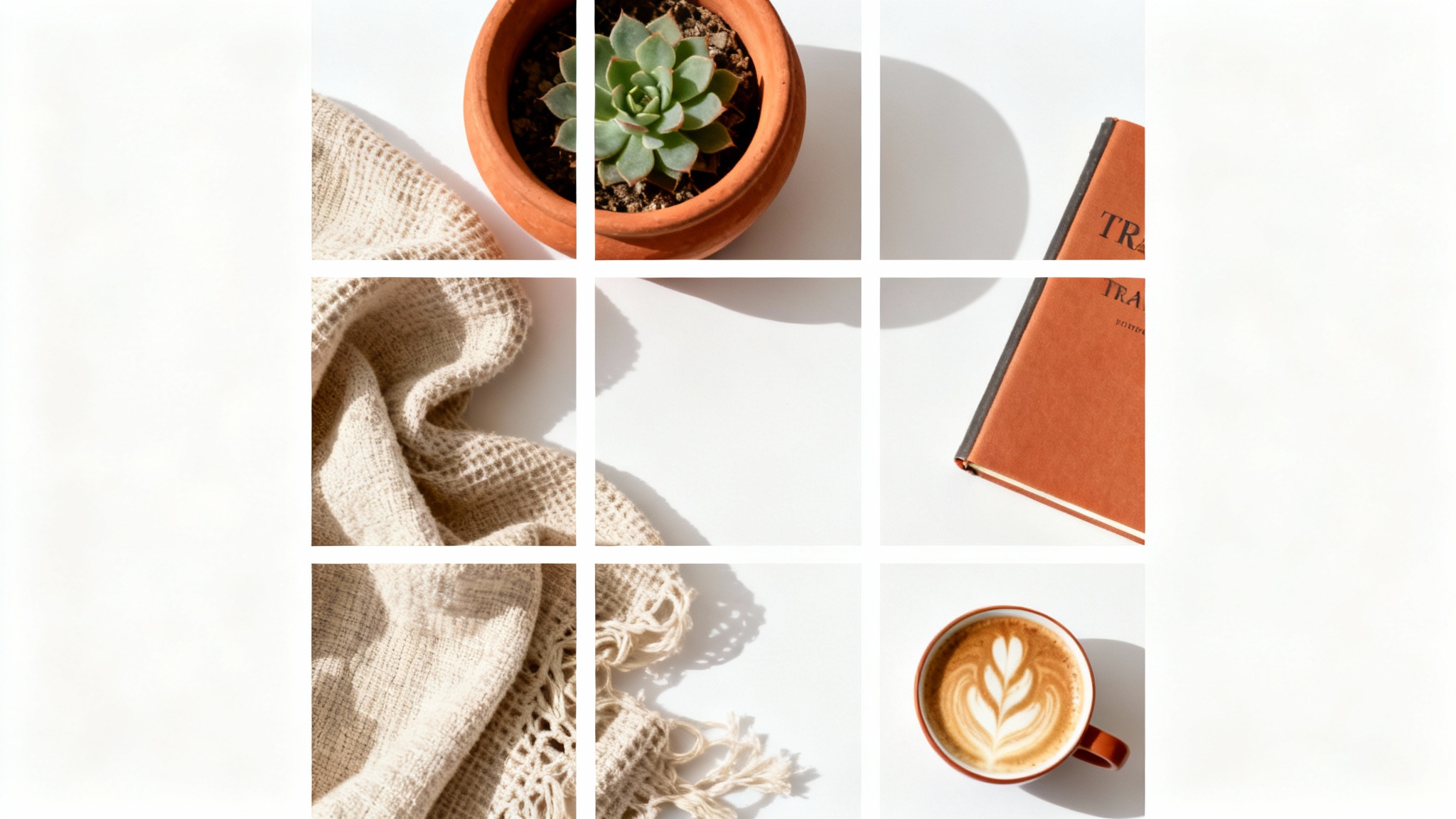 A mockup of an Instagram puzzle grid with nine squares forming a single cohesive image with a minimalist travel and lifestyle theme, set against a plain white background.