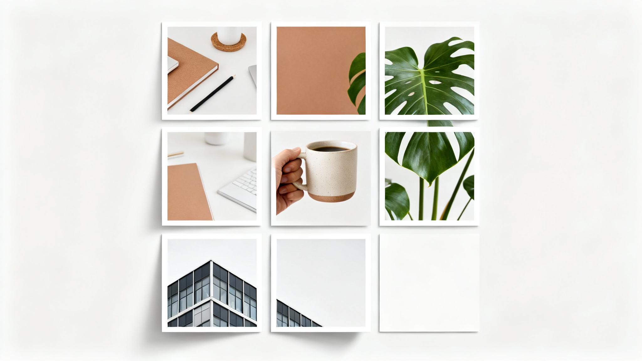 A mockup of an Instagram puzzle grid showing nine separate square images that combine to create a single large, cohesive picture with a modern lifestyle theme, set against a plain white background.