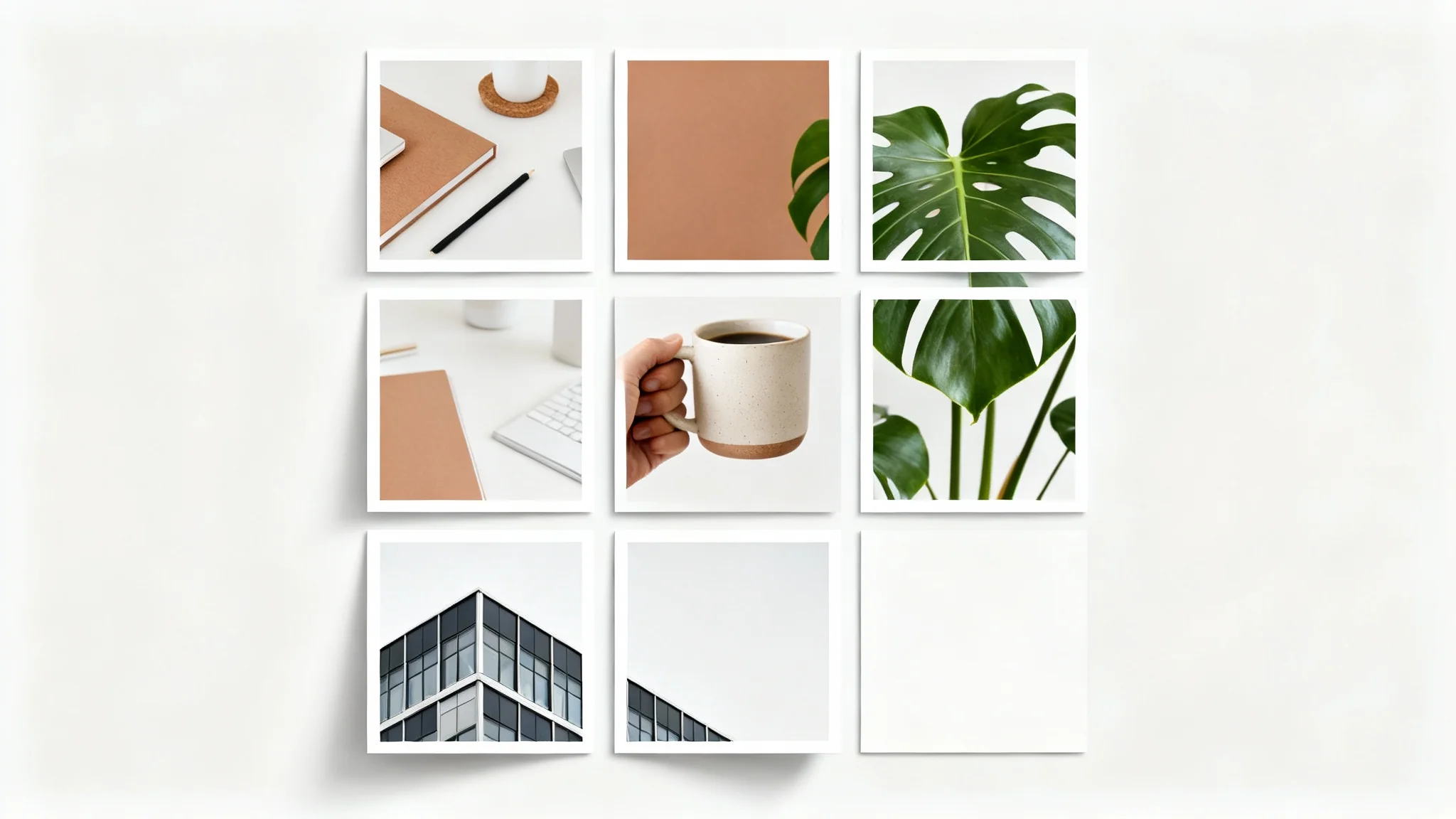 A mockup of an Instagram puzzle grid showing nine separate square images that combine to create a single large, cohesive picture with a modern lifestyle theme, set against a plain white background.