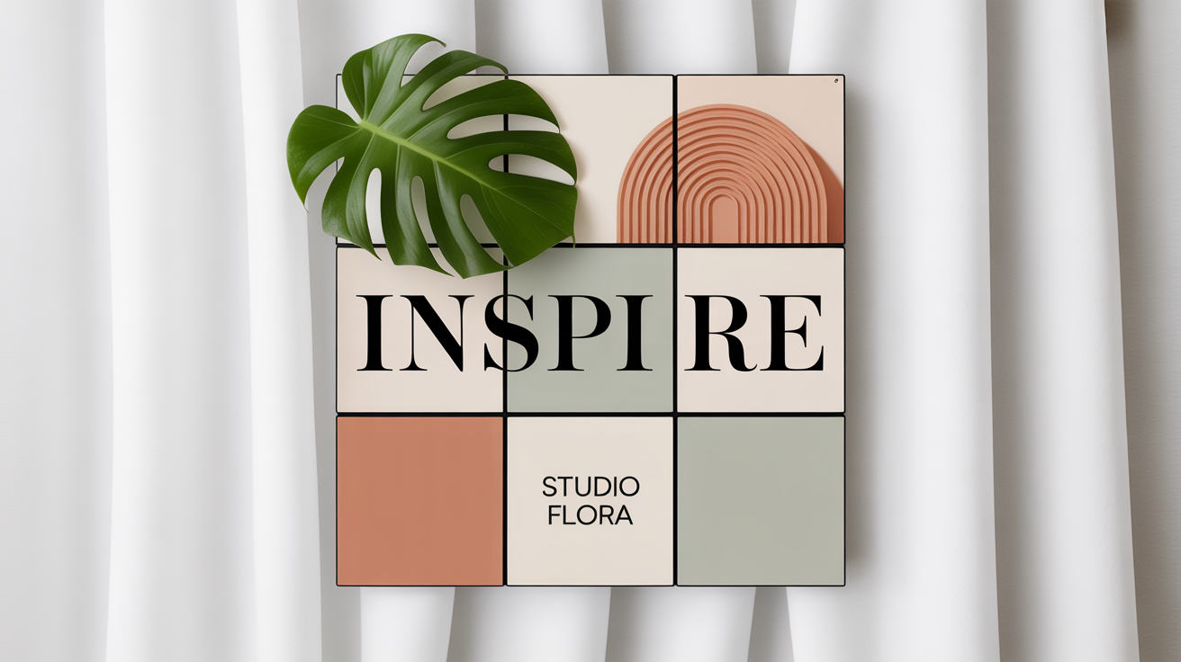 A mockup of a 3x3 Instagram puzzle grid with a modern, minimalist design. The nine squares form a single image featuring a monstera leaf, an abstract shape, and the words 'INSPIRE' and 'STUDIO FLORA'.