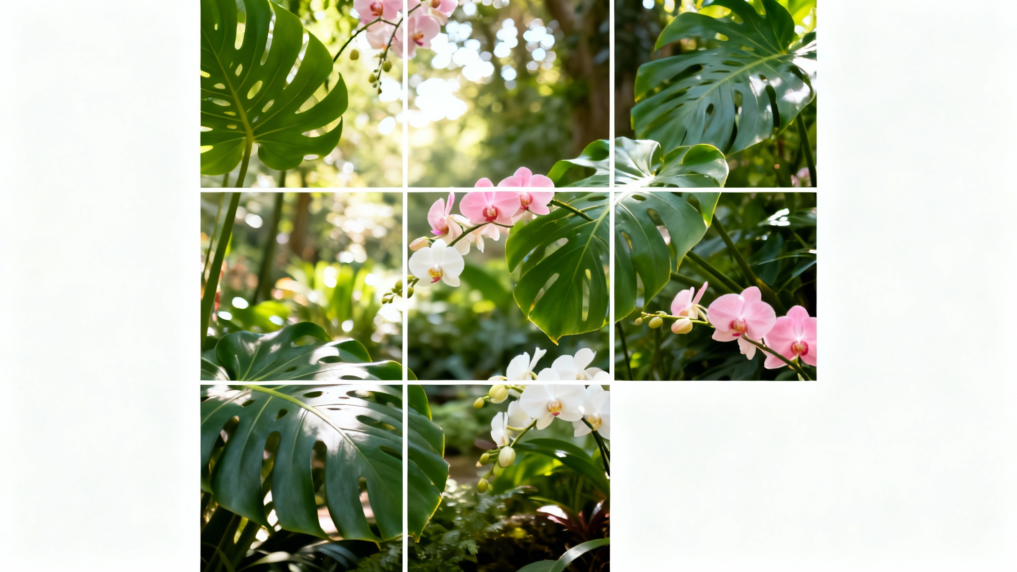 A mockup of a 3x3 Instagram puzzle grid showing nine separate posts that combine to form a single large image of a lush botanical scene with green leaves and pink flowers, all on a clean white background.