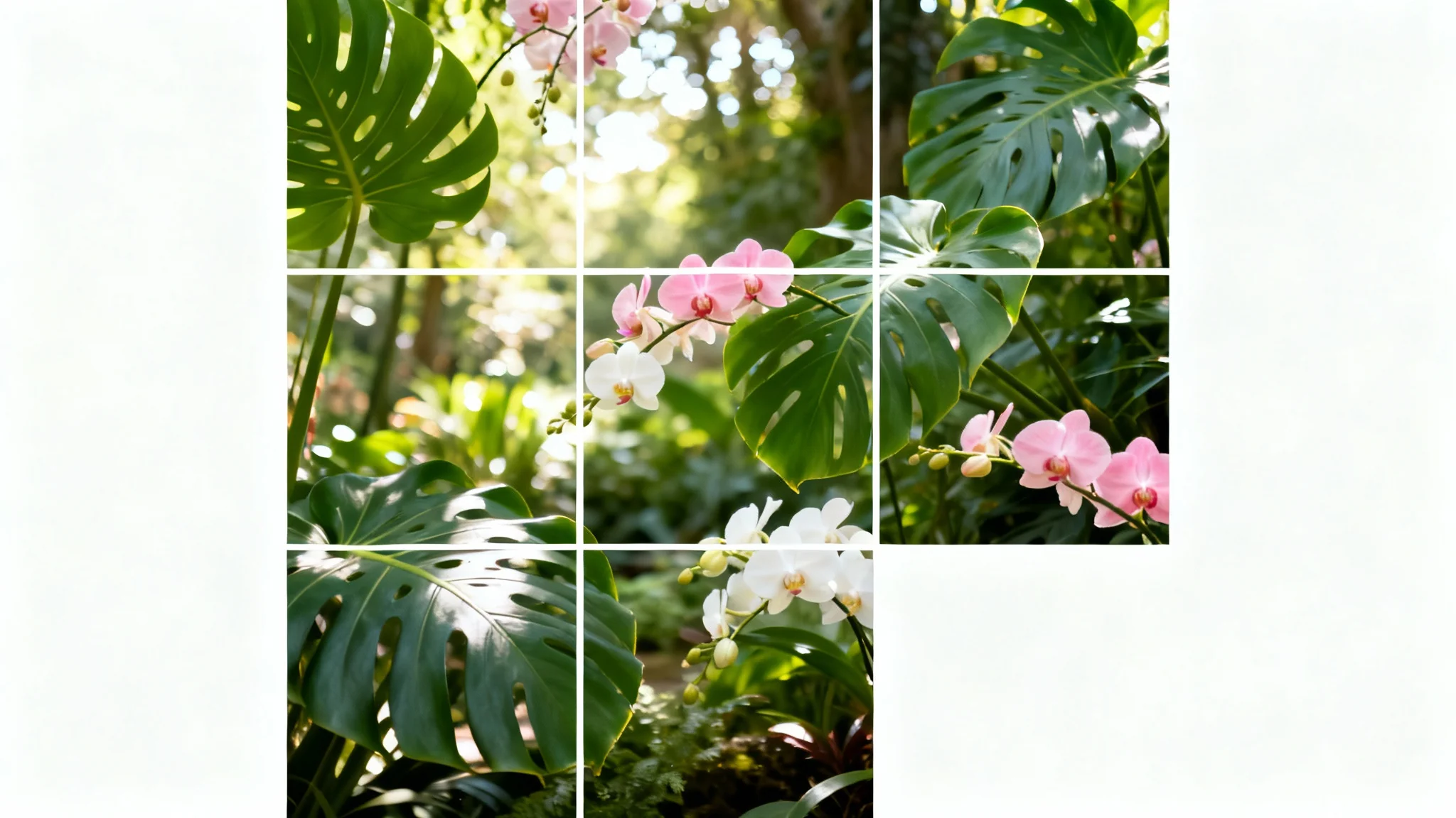 A mockup of a 3x3 Instagram puzzle grid showing nine separate posts that combine to form a single large image of a lush botanical scene with green leaves and pink flowers, all on a clean white background.