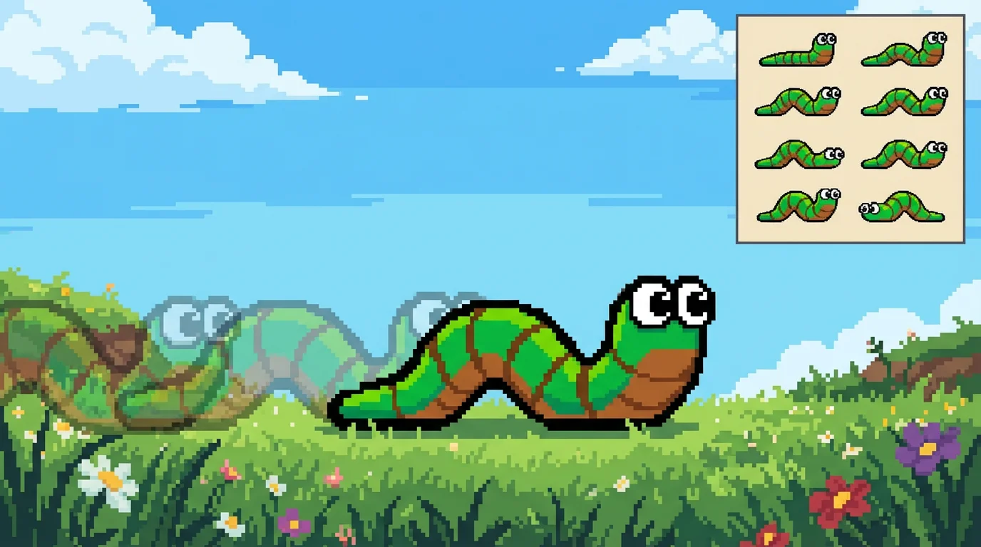 A finished pixel art animation showing a cute green worm crawling across a meadow, with a motion trail effect. The original 8-frame sprite sheet is visible in the corner, representing the input for the animation.