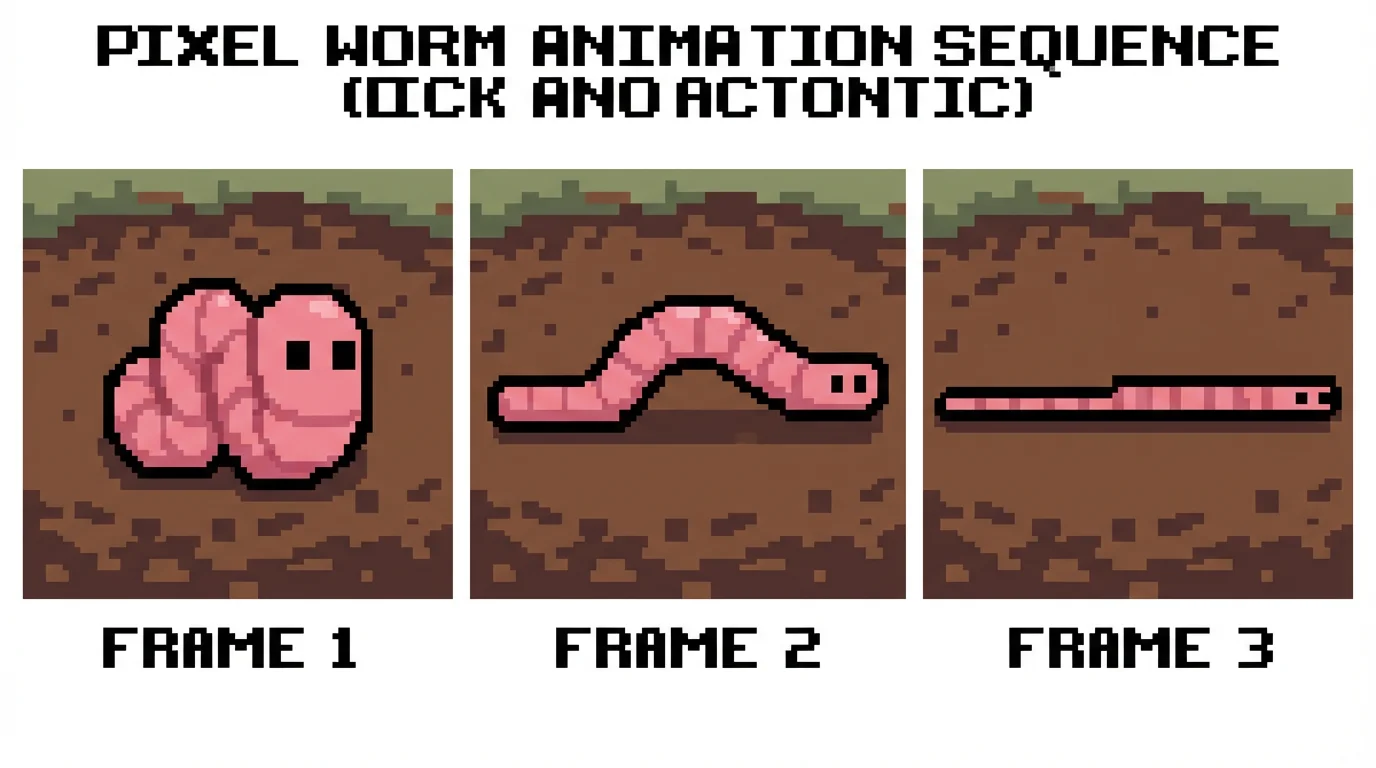 A 16-bit pixel art animation sequence of a cute pink worm inching forward, displayed in three frames against a white background.