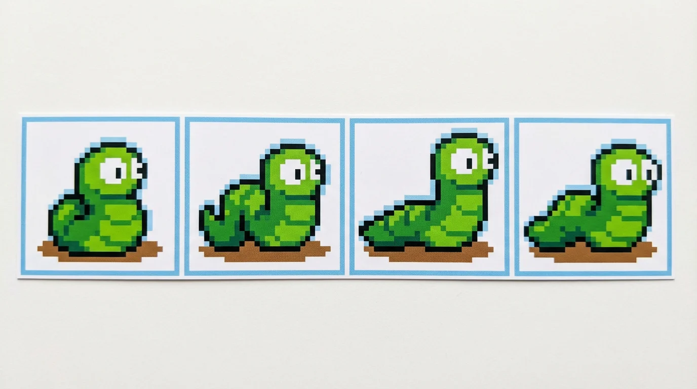 A 16-bit pixel art sprite sheet showing a cute green worm in four frames of an animation cycle, set against a plain white background.