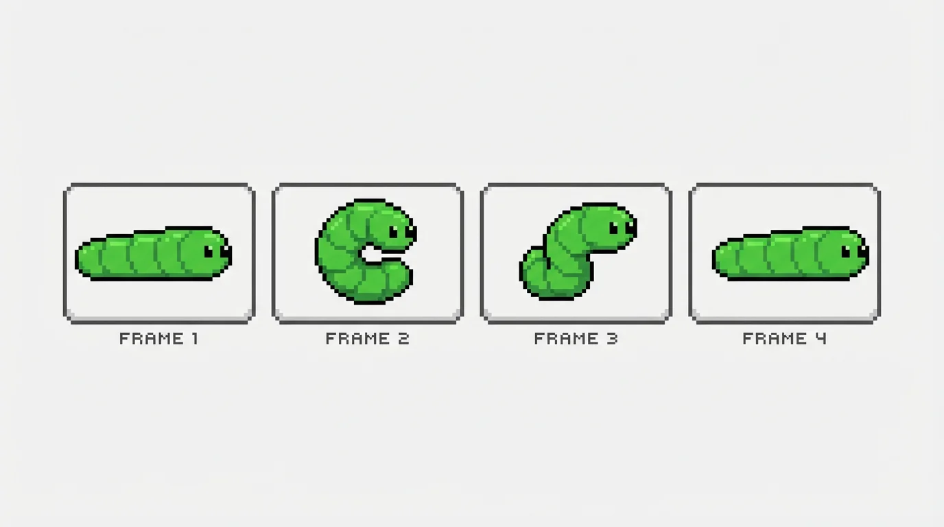 A four-frame pixel art animation sequence of a cute green worm crawling, displayed horizontally on a clean white background to showcase the animation process.