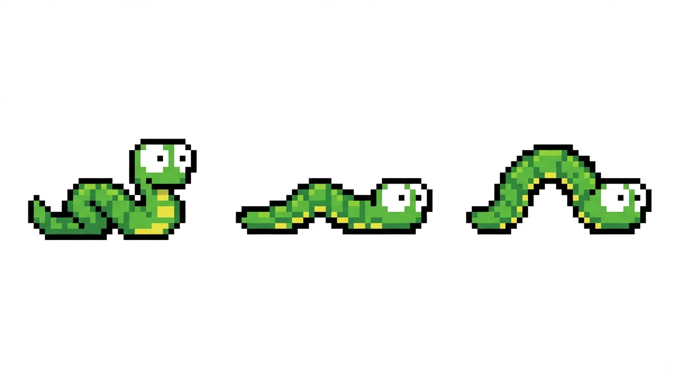 A 16-bit pixel art sprite sheet showing three animation frames of a cute green worm crawling, isolated on a white background.