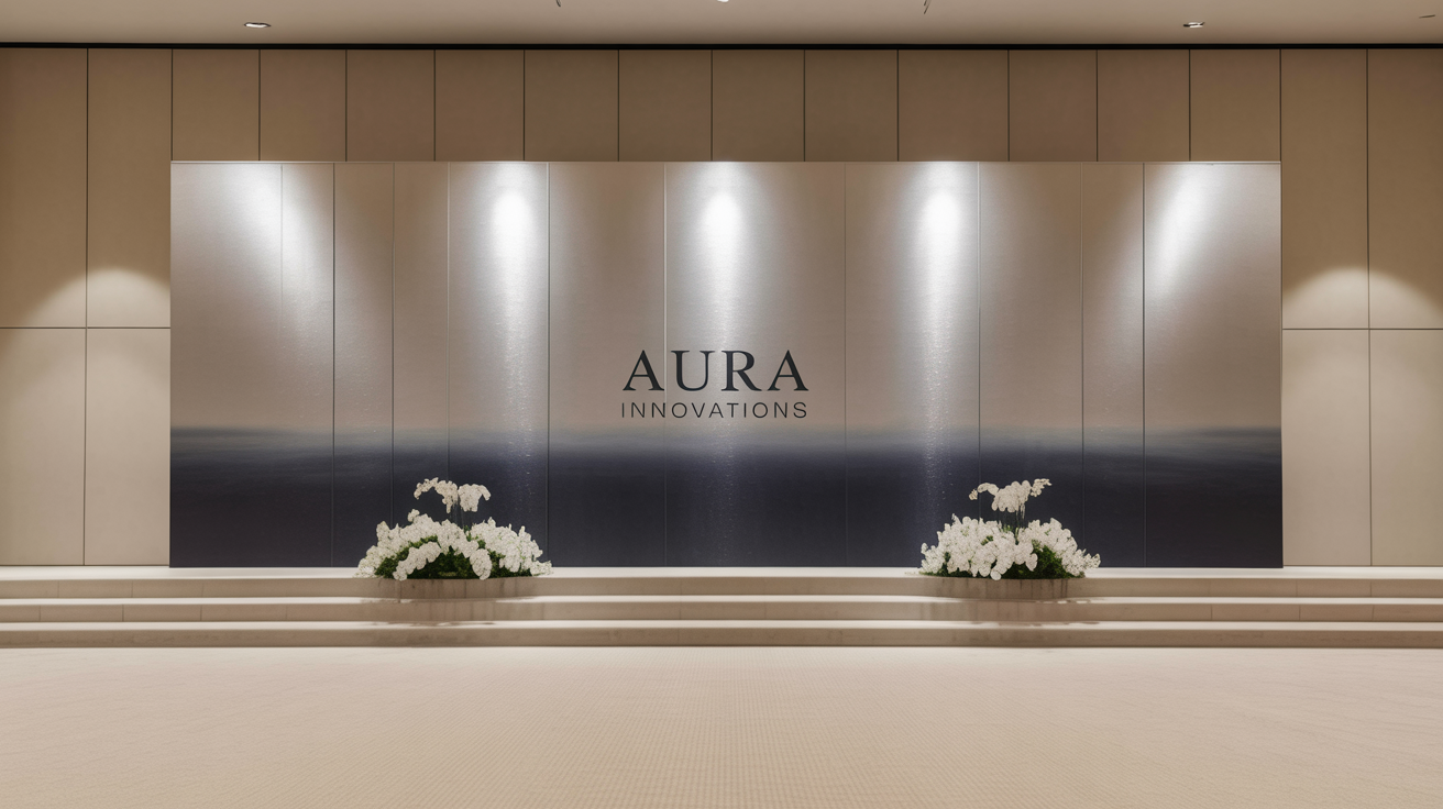 A photograph of a professionally installed corporate event backdrop with a blue and silver gradient, geometric patterns, and the logo for 'Aura Innovations', set up in a modern conference hall with lounge seating.