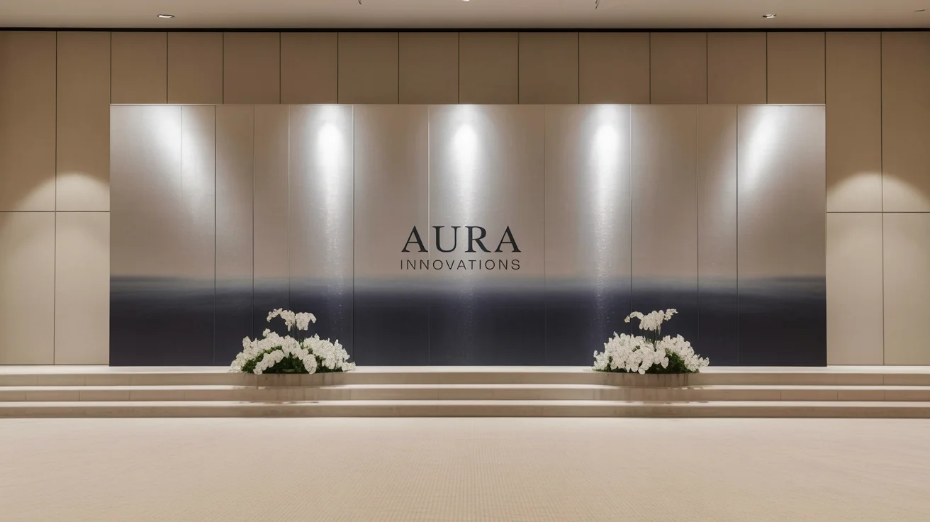 A photograph of a professionally installed corporate event backdrop with a blue and silver gradient, geometric patterns, and the logo for 'Aura Innovations', set up in a modern conference hall with lounge seating.