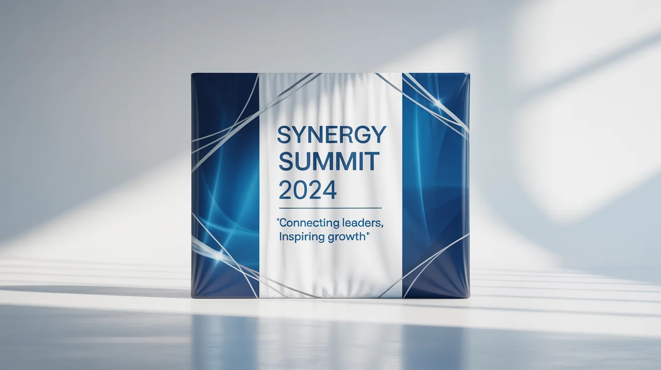 A modern corporate event backdrop for the 'Synergy Summit 2024', featuring a blue and white design with silver accents, displayed against a clean white background.
