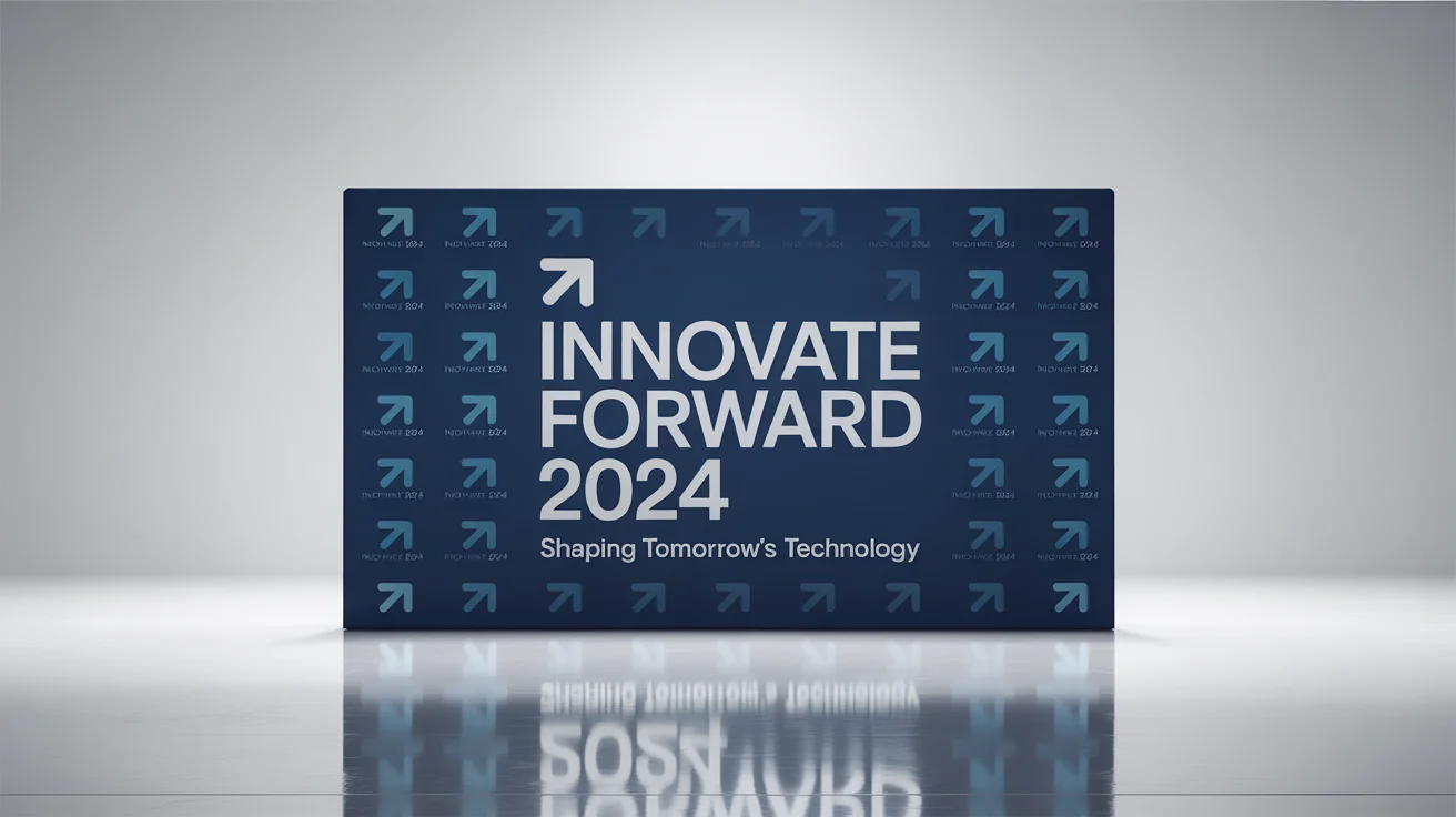 A professional mockup of a corporate event backdrop for 'Innovate Forward 2024', featuring the event title and tagline against a clean white background.