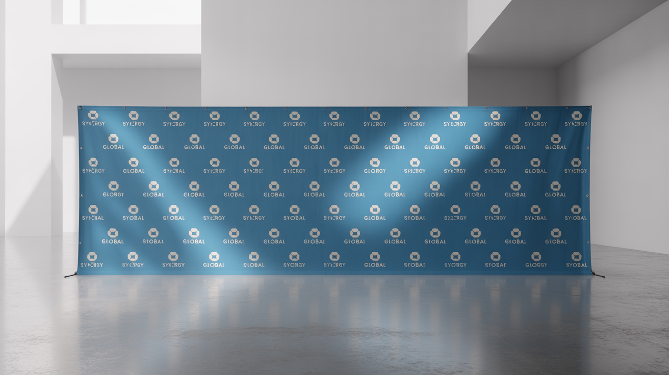 A professional mockup of a large corporate event backdrop for the 'Synergy Global Innovate 2025 Summit', presented against a clean white background.