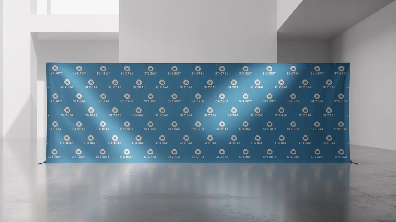 A professional mockup of a large corporate event backdrop for the 'Synergy Global Innovate 2025 Summit', presented against a clean white background.