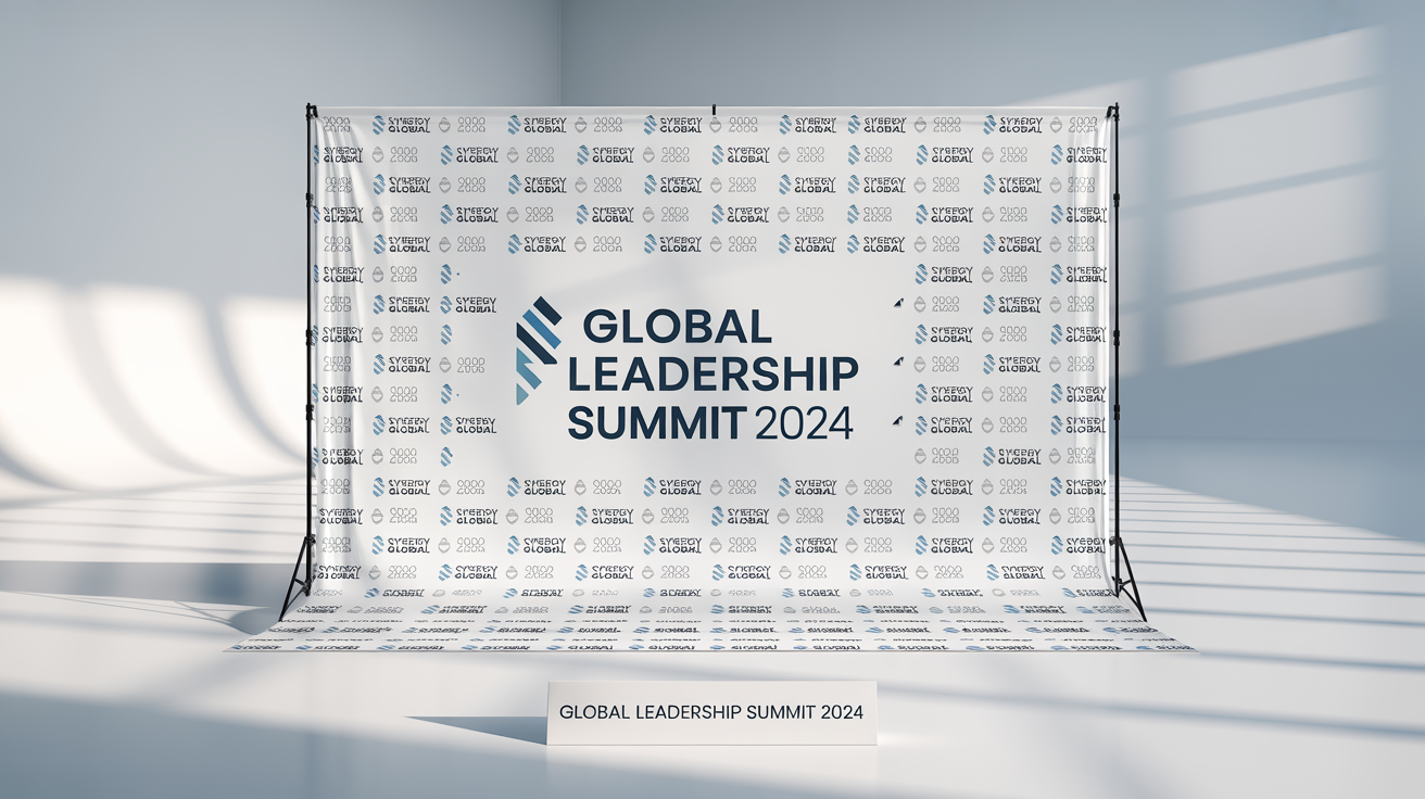 A professional mockup of a corporate event backdrop for the 'Synergy Global Leadership Summit 2024', featuring their logo and name in a repeating pattern against a white background.