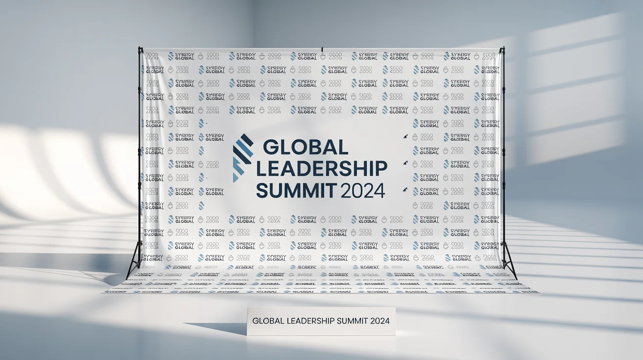 A professional mockup of a corporate event backdrop for the 'Synergy Global Leadership Summit 2024', featuring their logo and name in a repeating pattern against a white background.