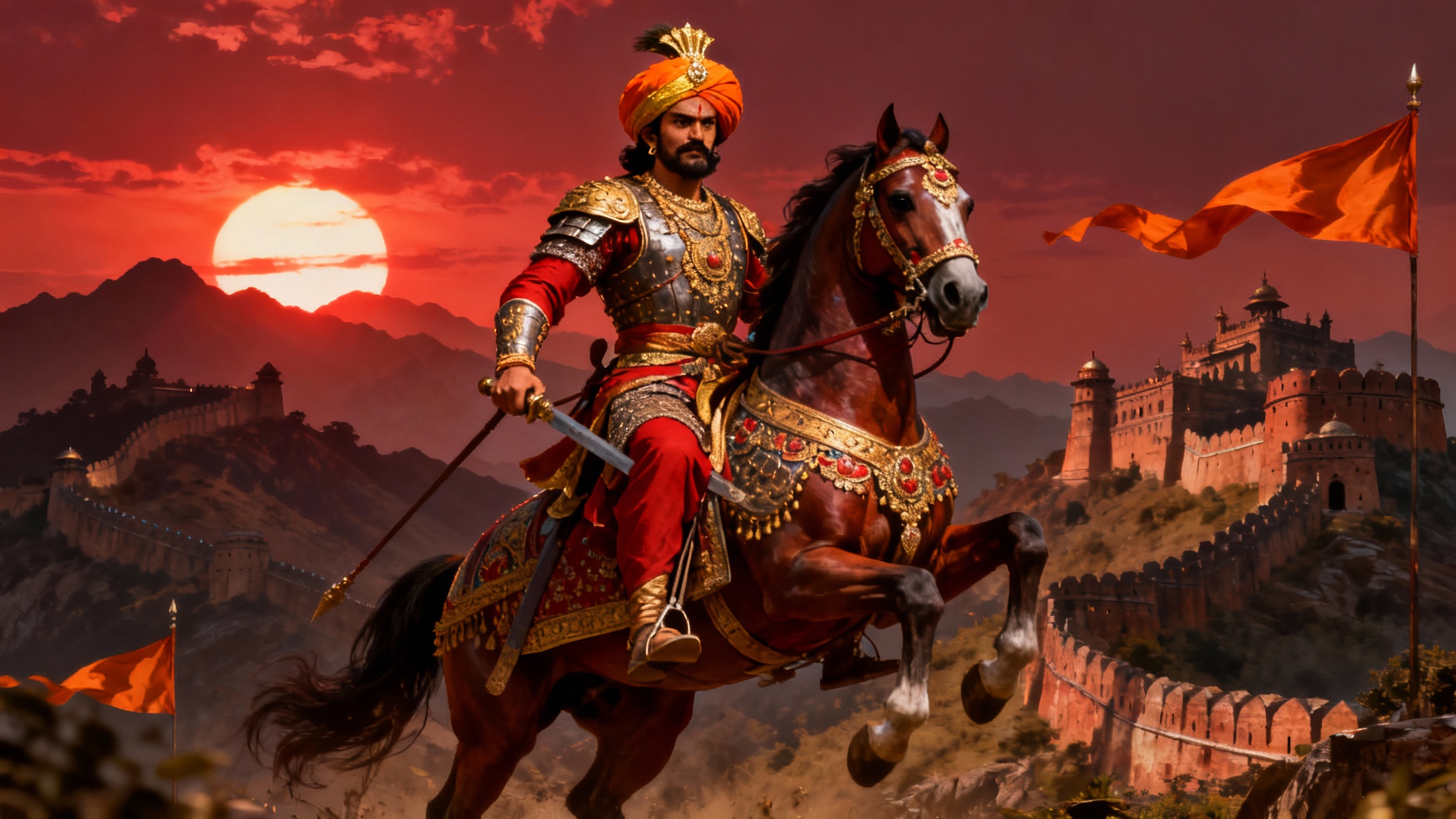 A majestic digital wallpaper of Chhatrapati Shivaji Maharaj riding a powerful horse. He is depicted in royal armor with an orange and gold turban, set against a dramatic sunset over mountains and forts, creating an inspiring and regal scene.