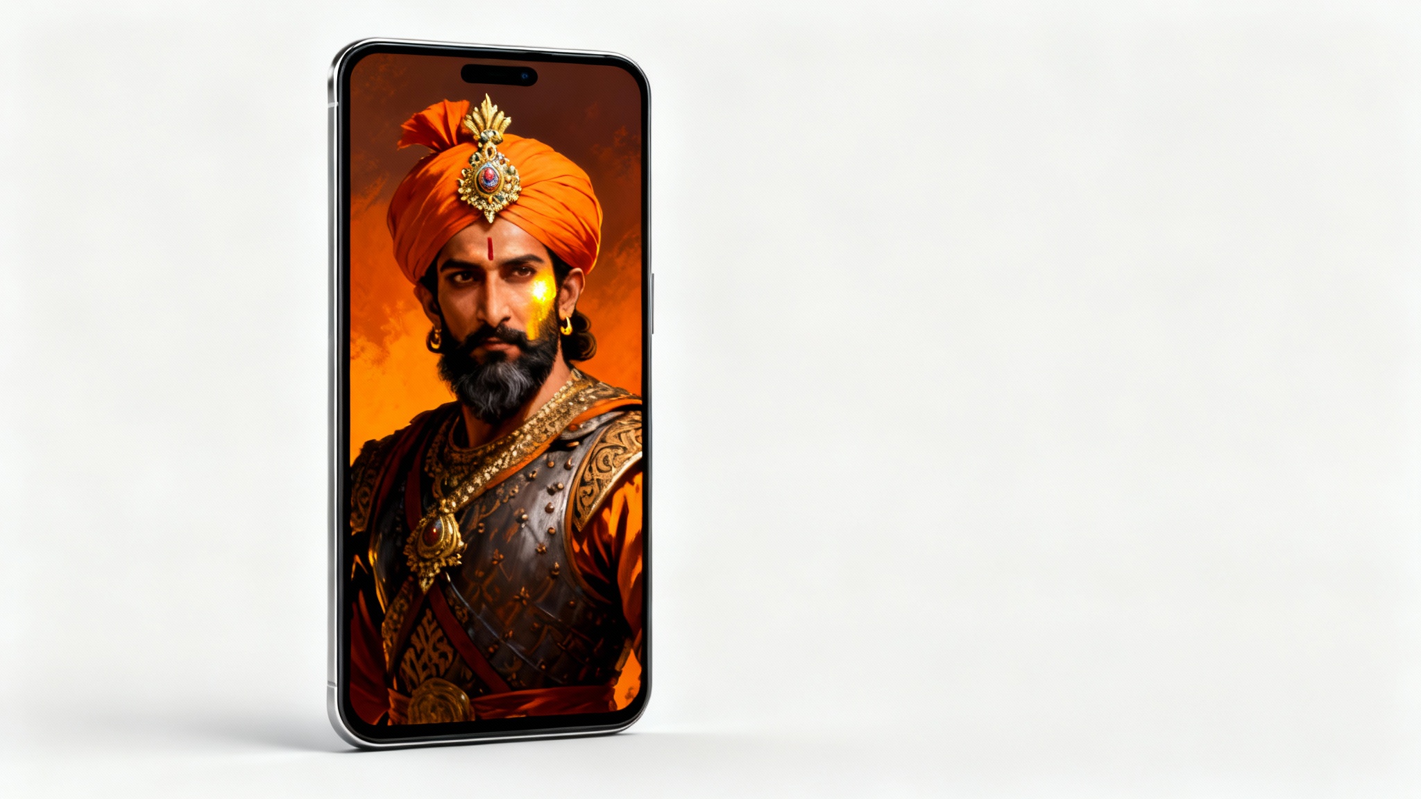 A mockup of a smartphone displaying a majestic wallpaper of Chhatrapati Shivaji Maharaj in heroic, cinematic lighting, set against a clean white background.
