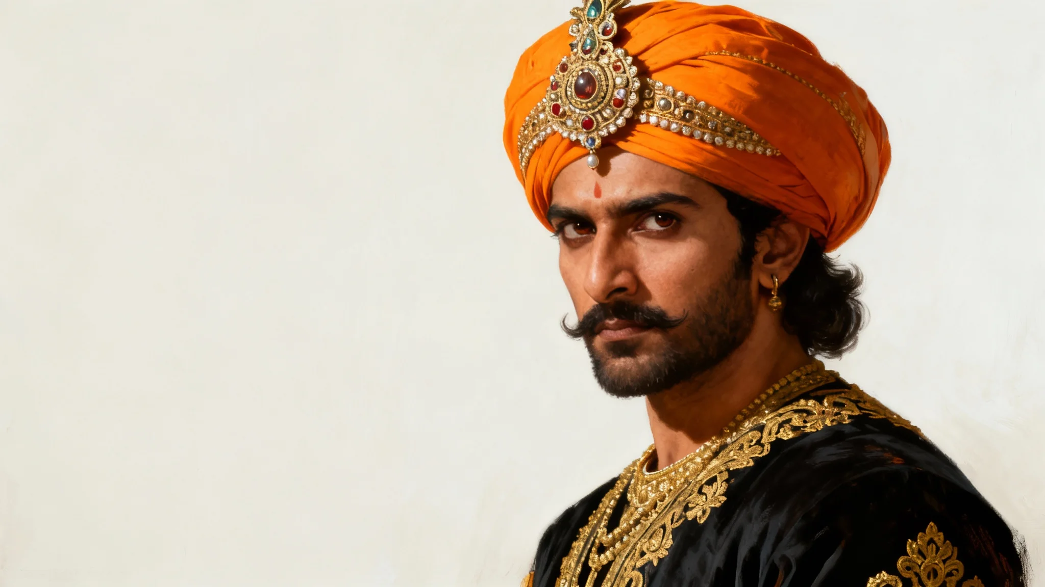 A majestic digital portrait of Chhatrapati Shivaji Maharaj in royal Maratha attire and a saffron turban, set against a clean white background. He has a powerful and determined expression.