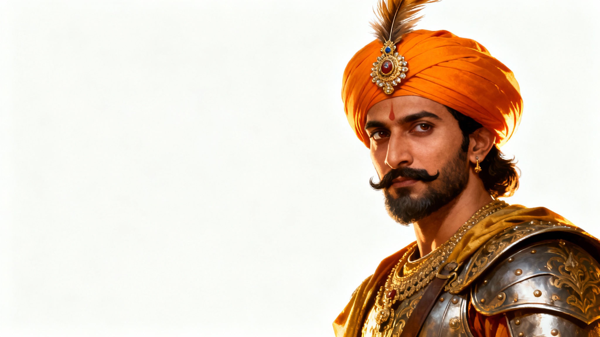 A majestic and hyper-realistic wallpaper portrait of Chhatrapati Shivaji Maharaj in his royal warrior attire against a clean white background.