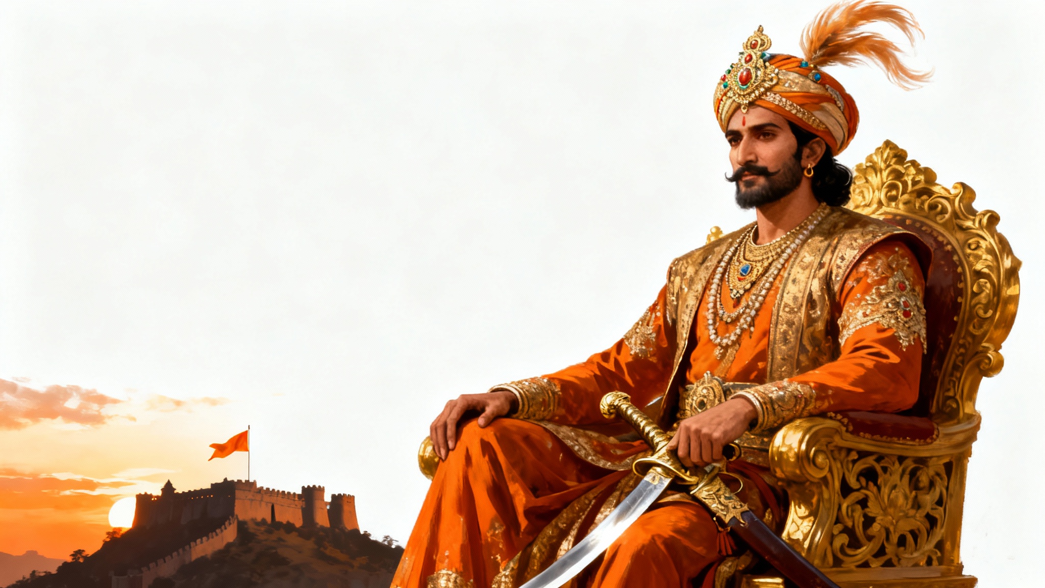 A majestic digital painting of Chhatrapati Shivaji Maharaj seated on a golden throne, depicted in a heroic pose against a white background.