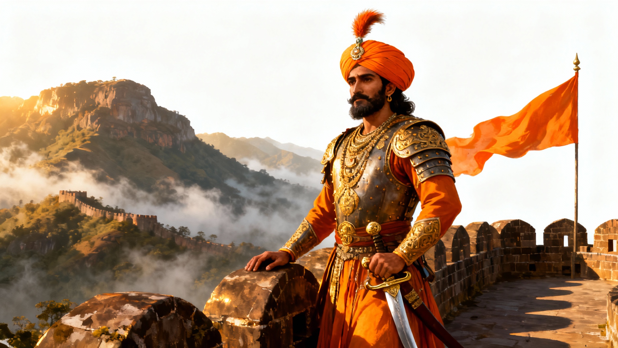 A majestic digital wallpaper of Chhatrapati Shivaji Maharaj in traditional armor and a saffron turban, standing heroically on a fort at sunrise with his sword. The background is white.