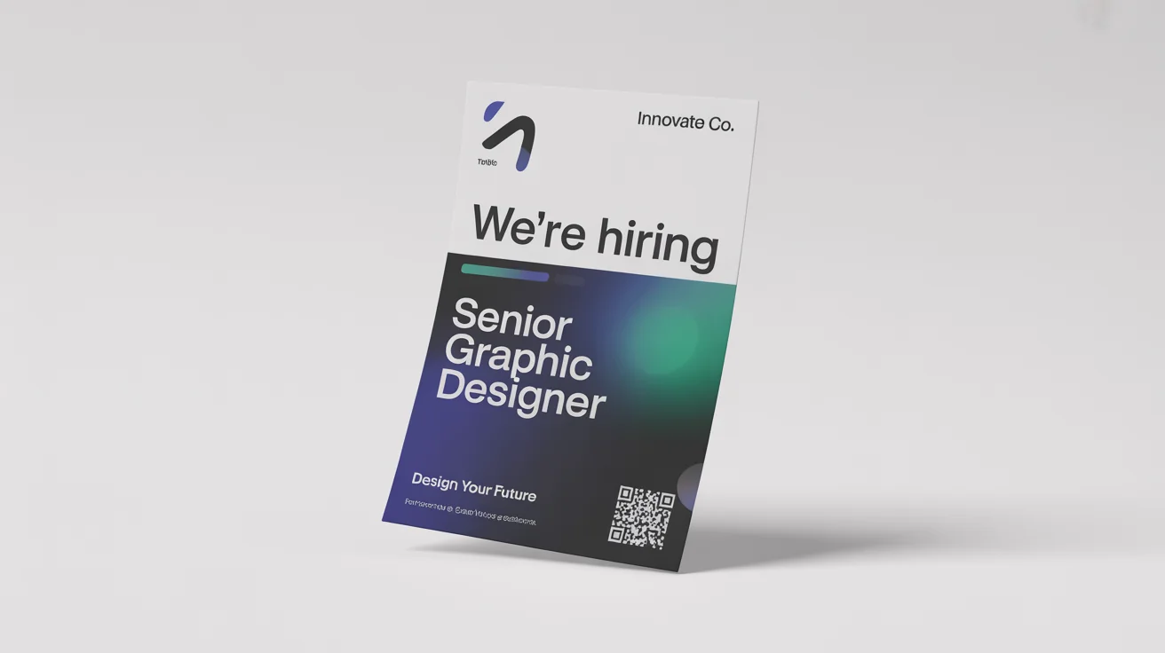 A professionally designed job flyer with the headline 'WE'RE HIRING' for a Senior Graphic Designer position, shown in a clean, modern layout.