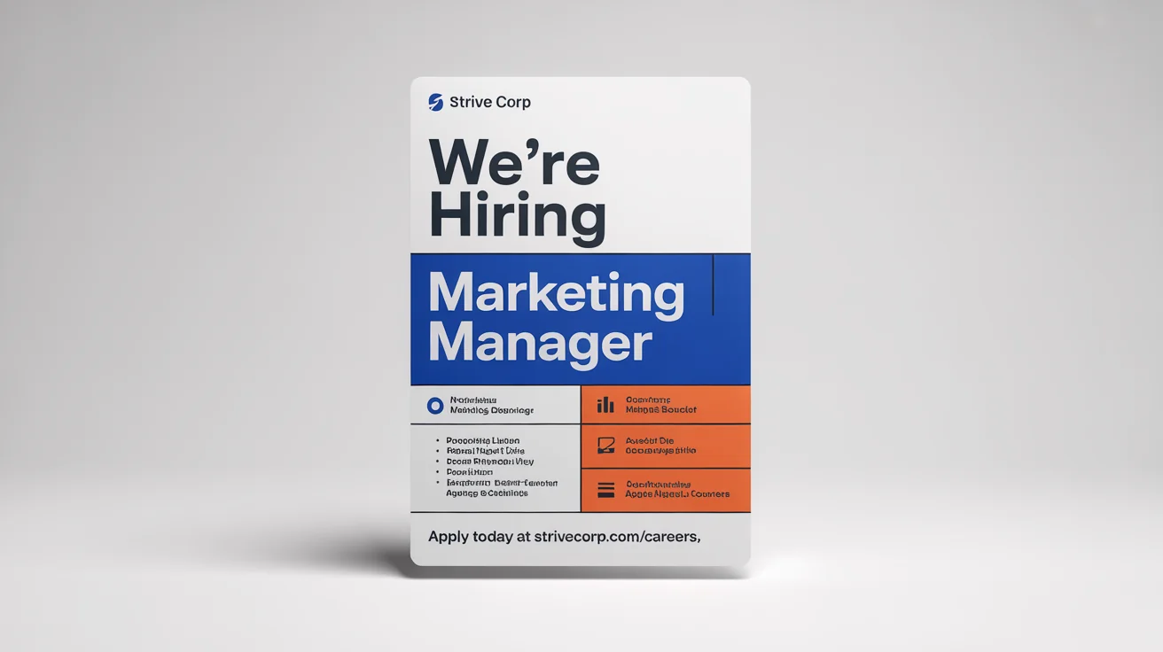 A modern mockup of a job flyer for a 'Marketing Manager' position at 'Strive Corp'. The flyer has a professional blue and orange design and is displayed on a clean white background.