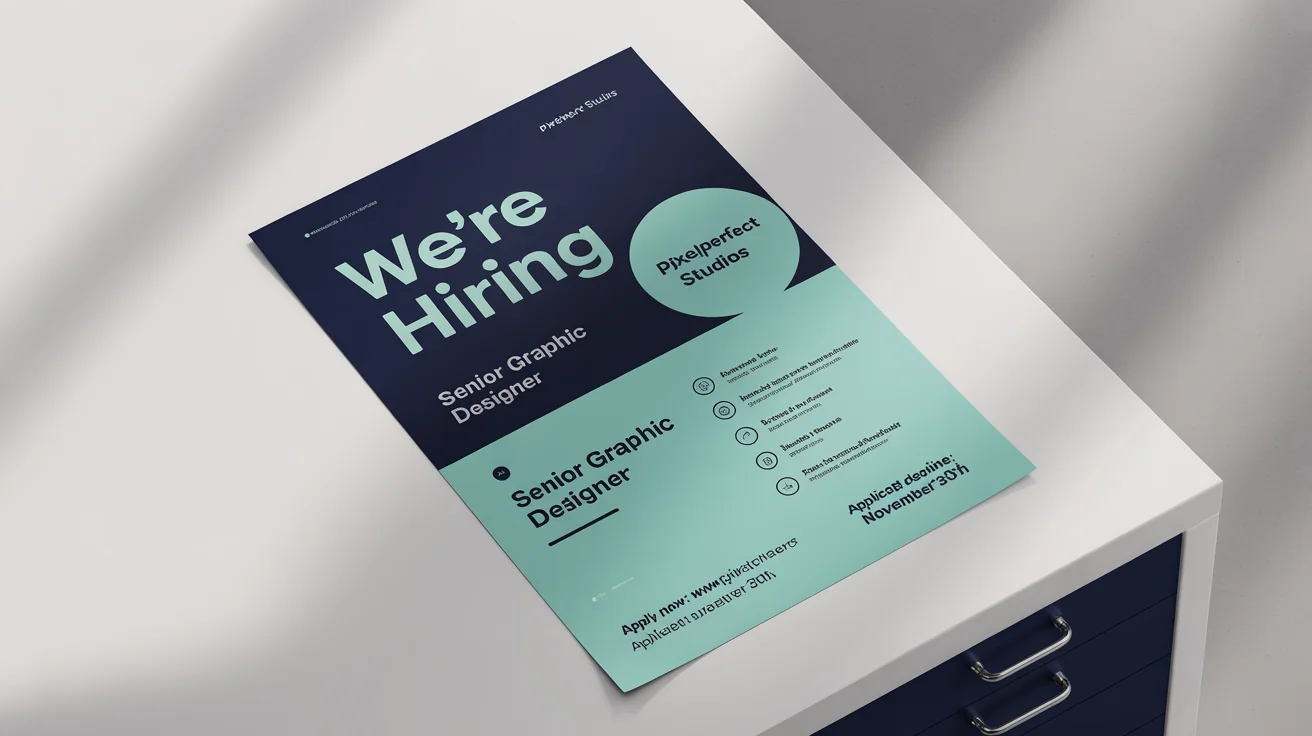 A professional, modern job flyer for a Senior Graphic Designer at 'PixelPerfect Studios', with a 'WE'RE HIRING' headline, shown against a plain white background.