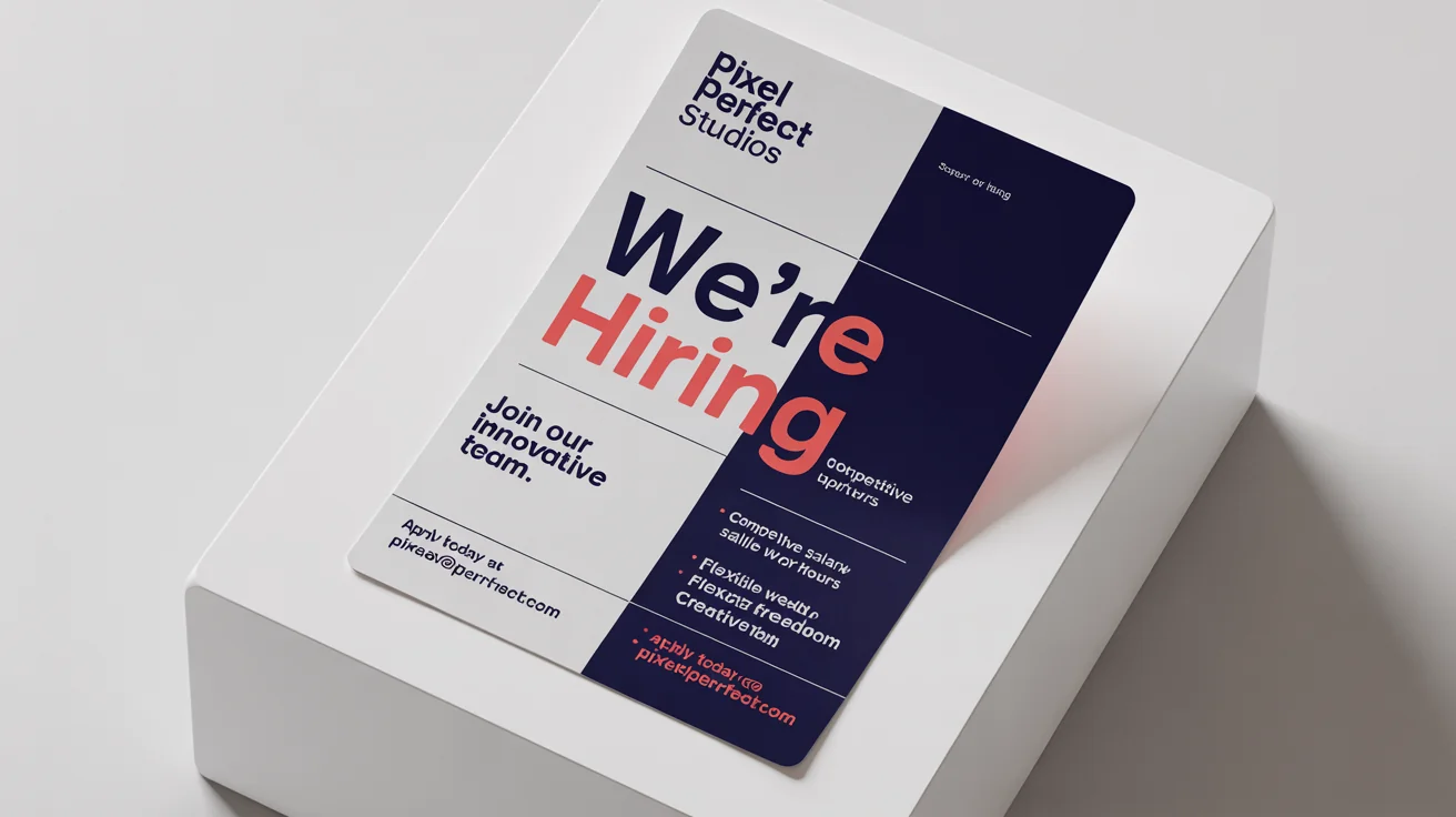 A professional job flyer mockup for a Senior Graphic Designer position at 'Pixel Perfect Studios', displayed against a plain white background. The design is modern and uses a navy blue and coral color scheme.