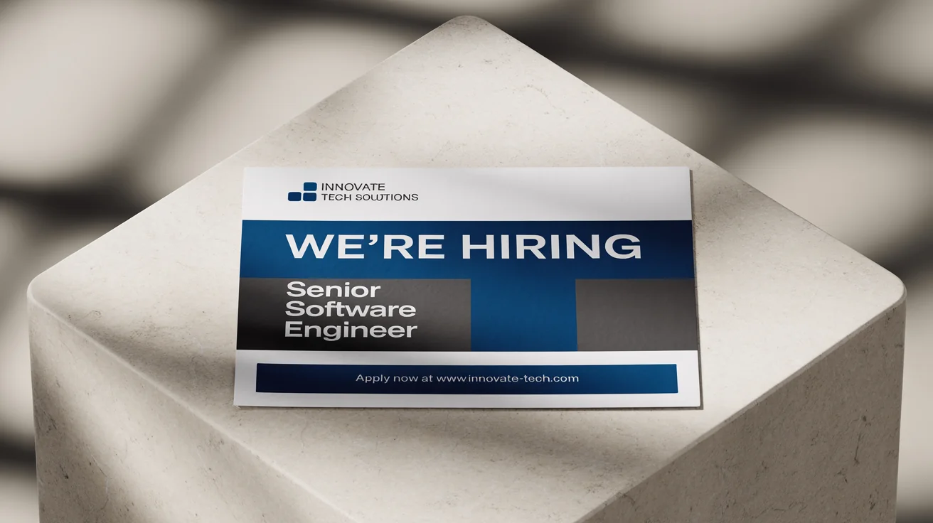 A professional job flyer mockup for a 'Senior Software Engineer' position at 'Innovate Tech Solutions', featuring the headline 'WE'RE HIRING' and laid on a clean white background.
