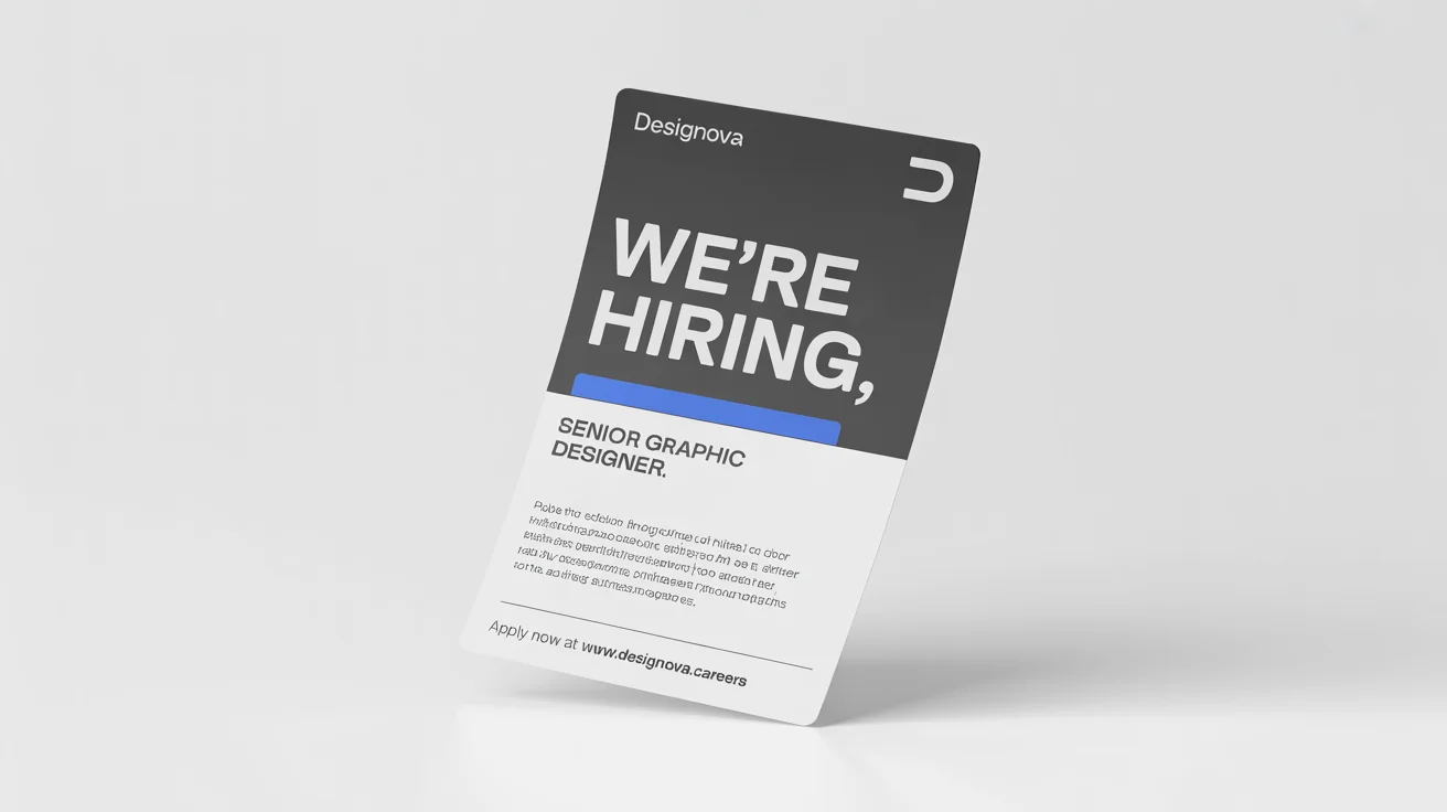 A professional mockup of a job flyer for a 'Senior Graphic Designer' position at a company called Designova. The flyer has a clean, modern design and is displayed against a white background.