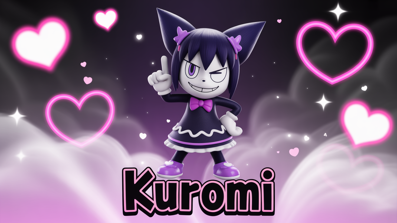 A high-quality 16:9 desktop wallpaper featuring a 3D render of the Sanrio character Kuromi in a mischievous pose against a dark purple background with glowing pink hearts and stars. The word "KUROMI" is written at the bottom.