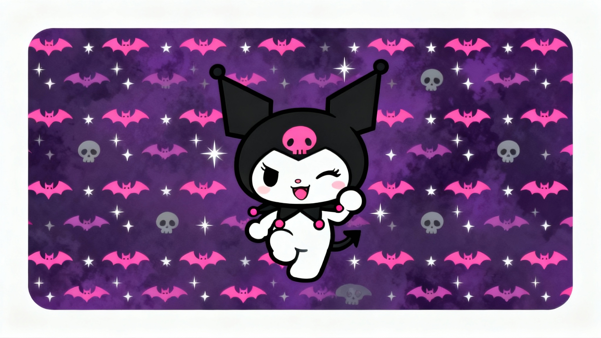 A digital wallpaper mockup featuring the character Kuromi. She is winking playfully in the center of a dark purple background patterned with pink bats, grey skulls, and white stars. The image is on a clean white background.