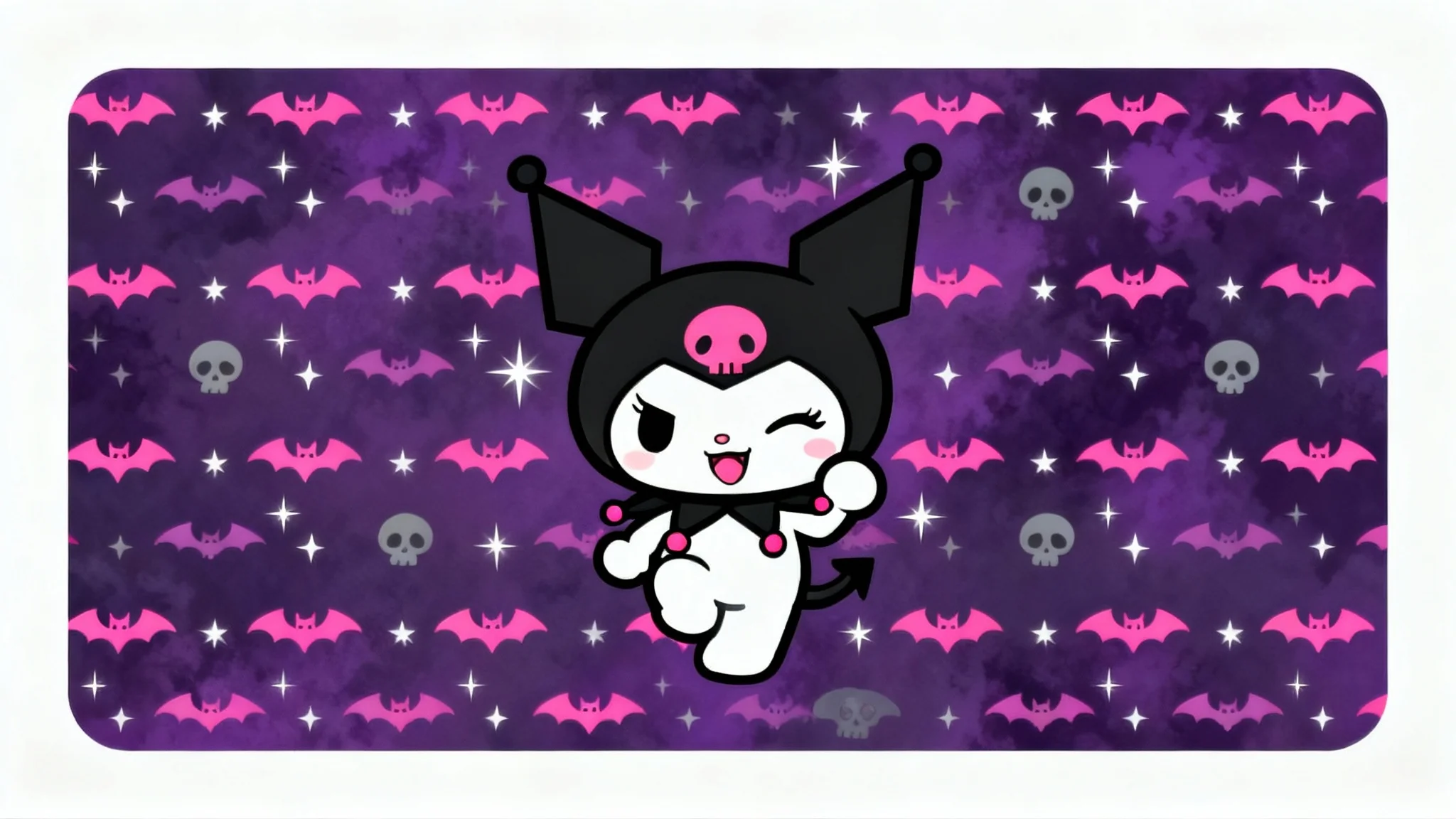 A digital wallpaper mockup featuring the character Kuromi. She is winking playfully in the center of a dark purple background patterned with pink bats, grey skulls, and white stars. The image is on a clean white background.