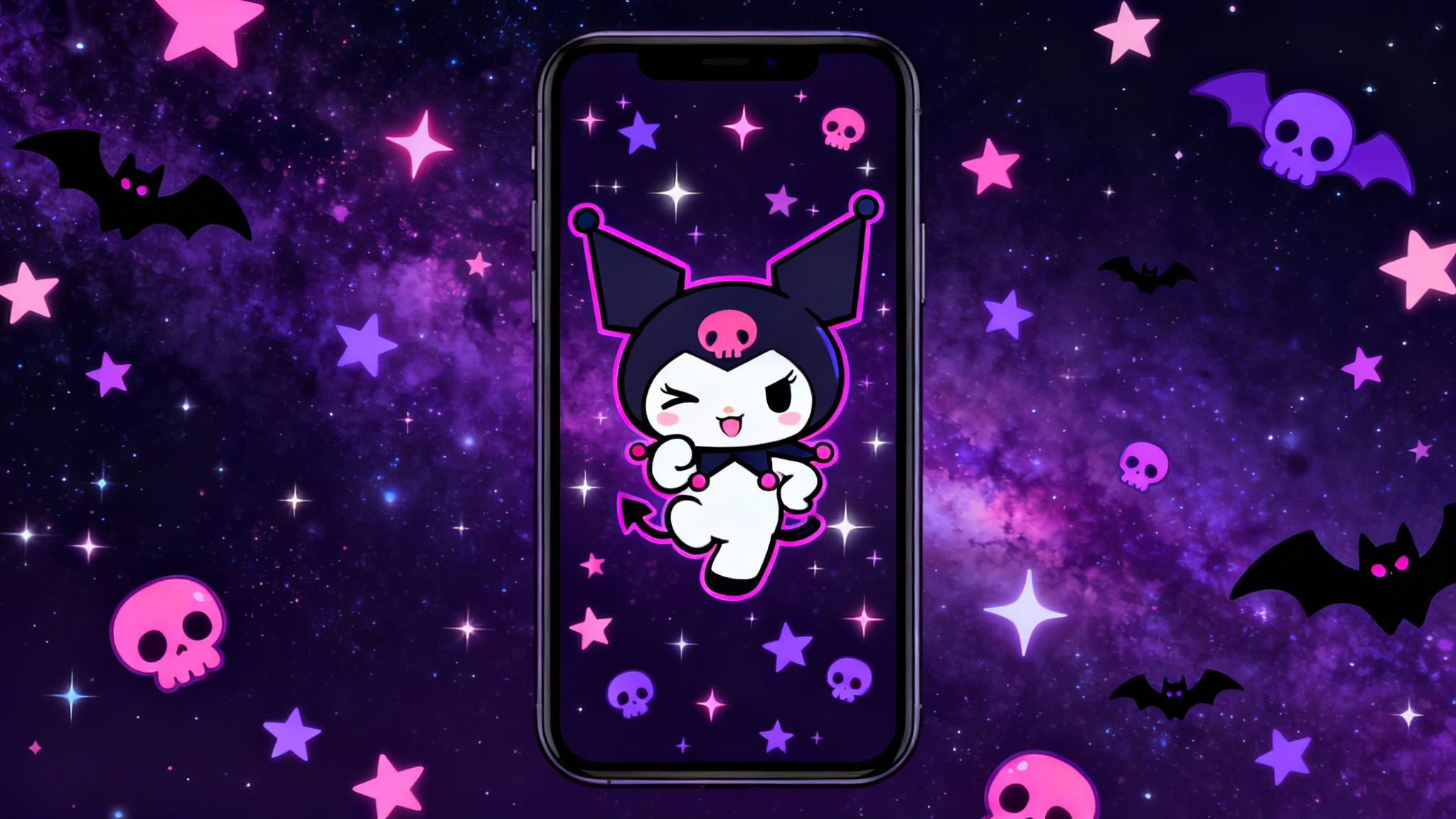 A cute and gothic digital wallpaper of the character Kuromi winking playfully in front of a dark purple galaxy background with pink stars and skulls.