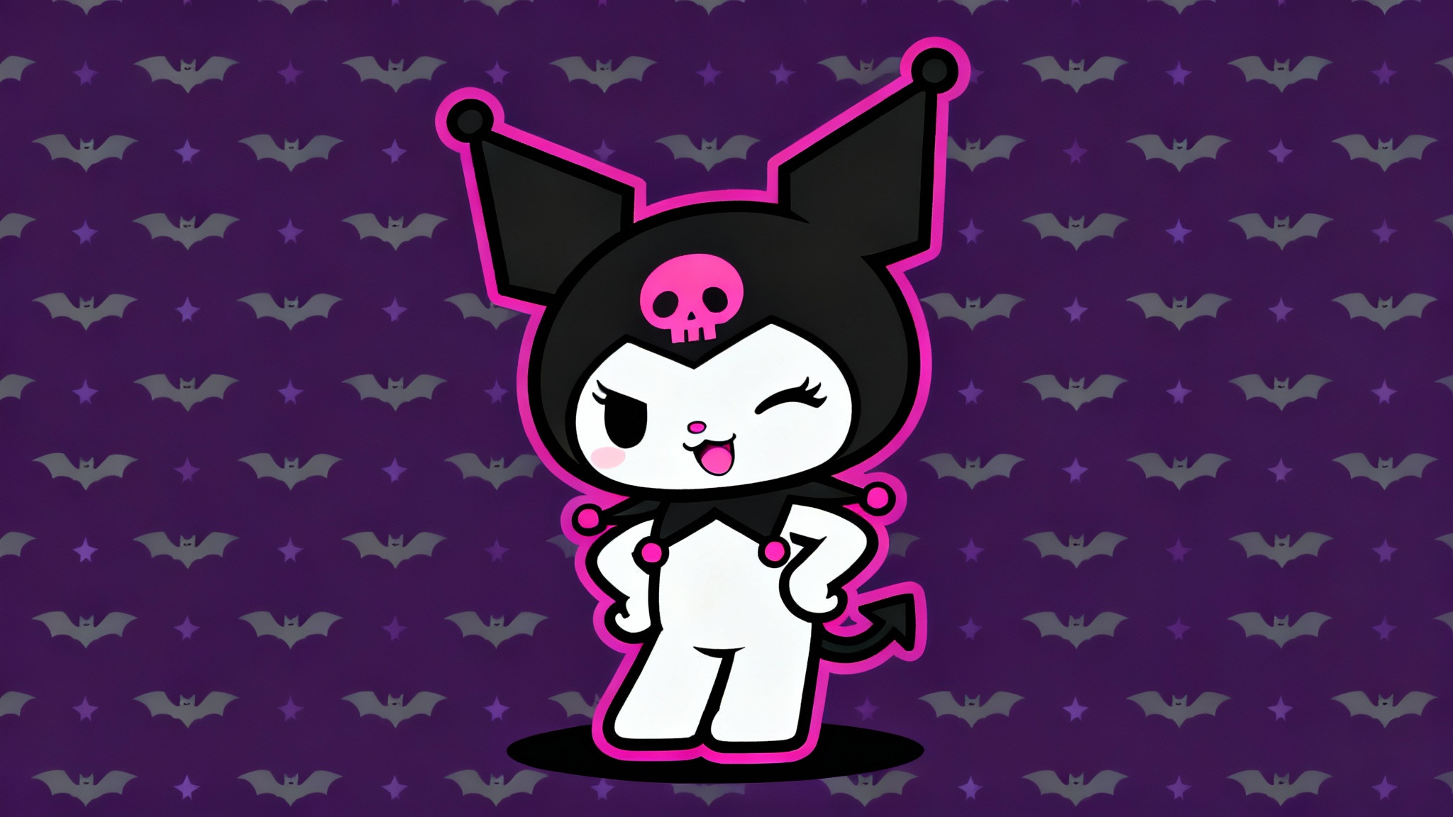 A cute and gothic smartphone wallpaper featuring the character Kuromi winking playfully against a dark purple background with a bat and star pattern.
