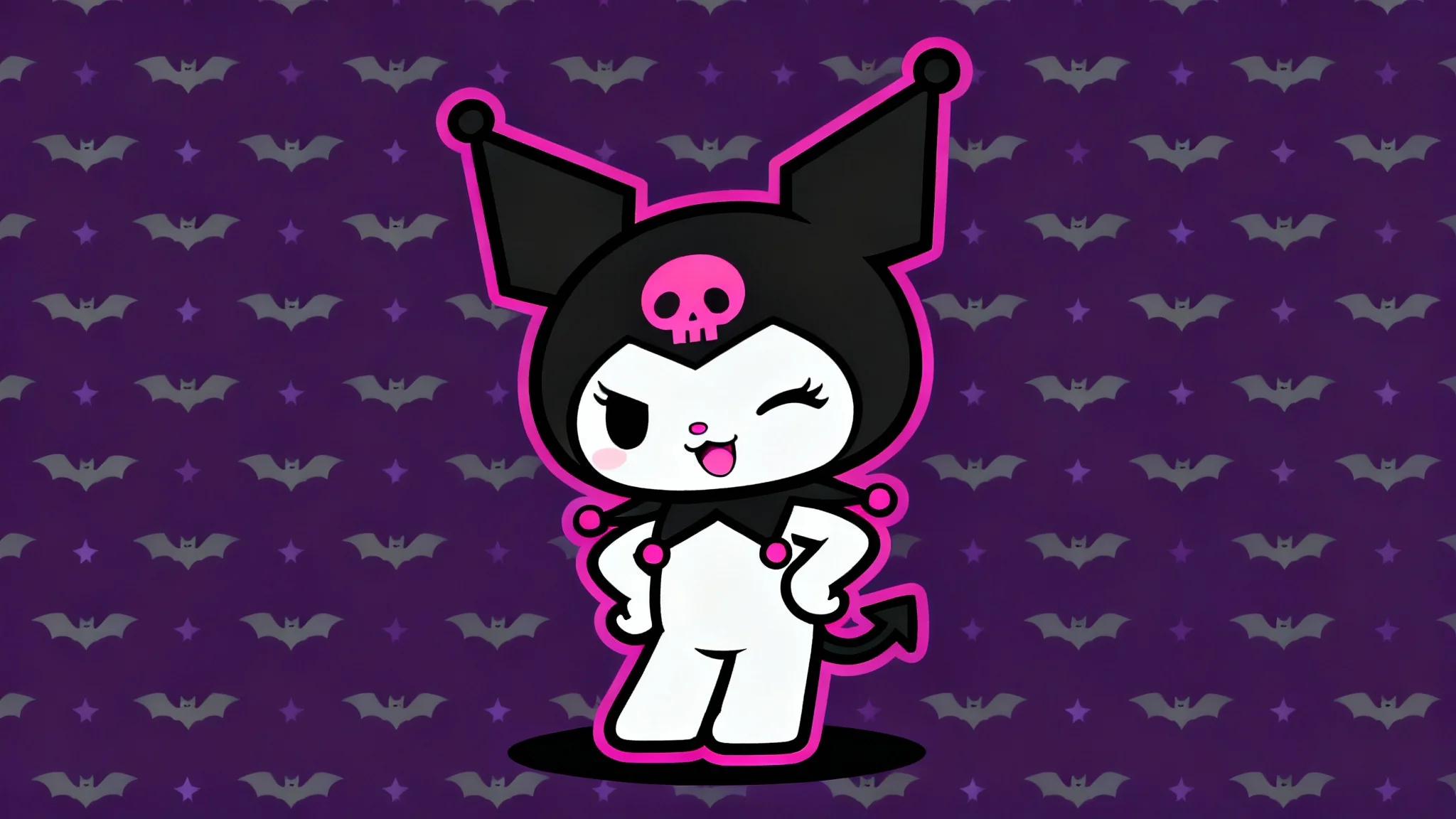A cute and gothic smartphone wallpaper featuring the character Kuromi winking playfully against a dark purple background with a bat and star pattern.