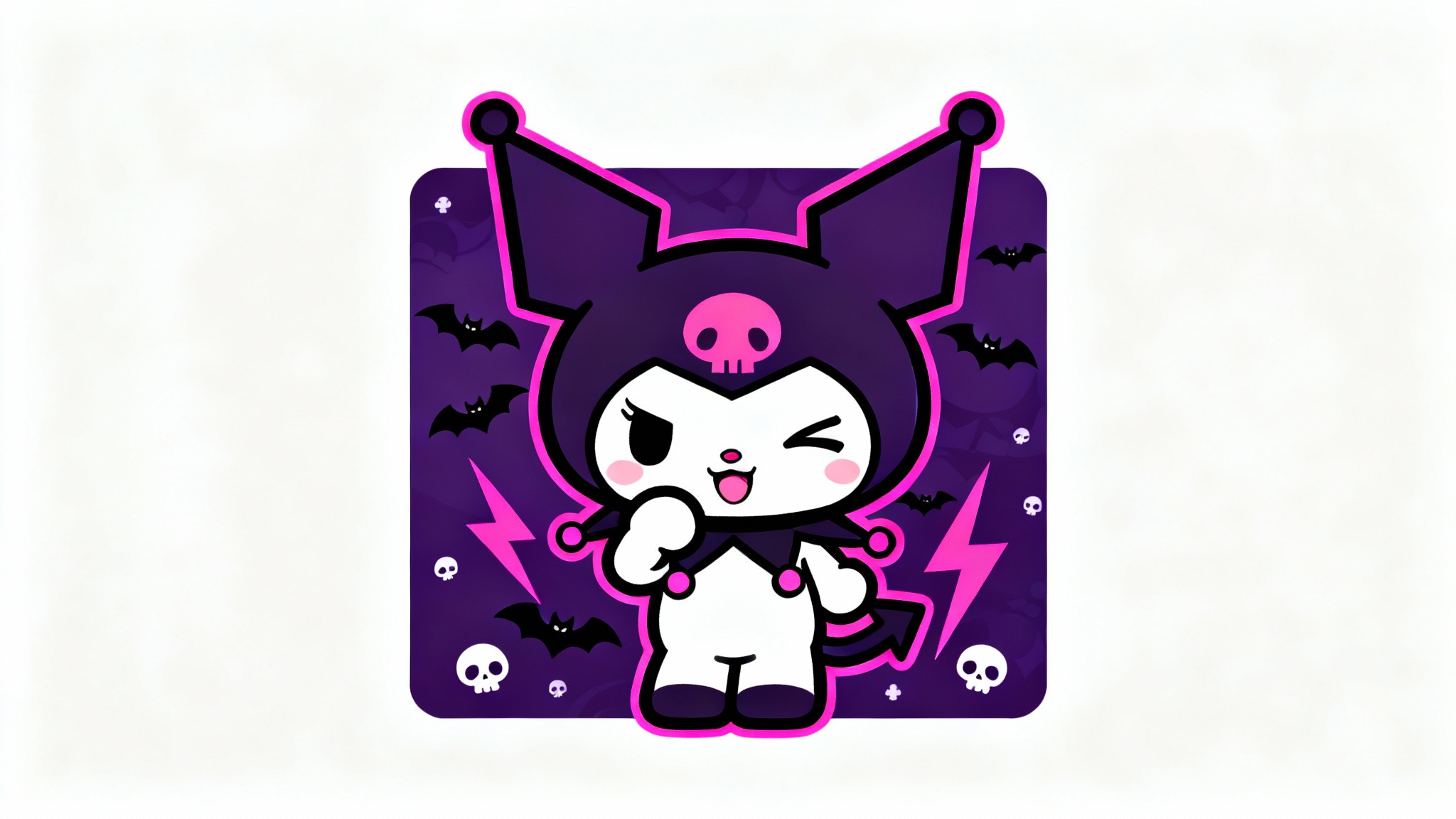 A vector art wallpaper design mockup featuring Kuromi. The design has a dark purple background with punk-inspired elements like bats and skulls, all set against a clean white backdrop.