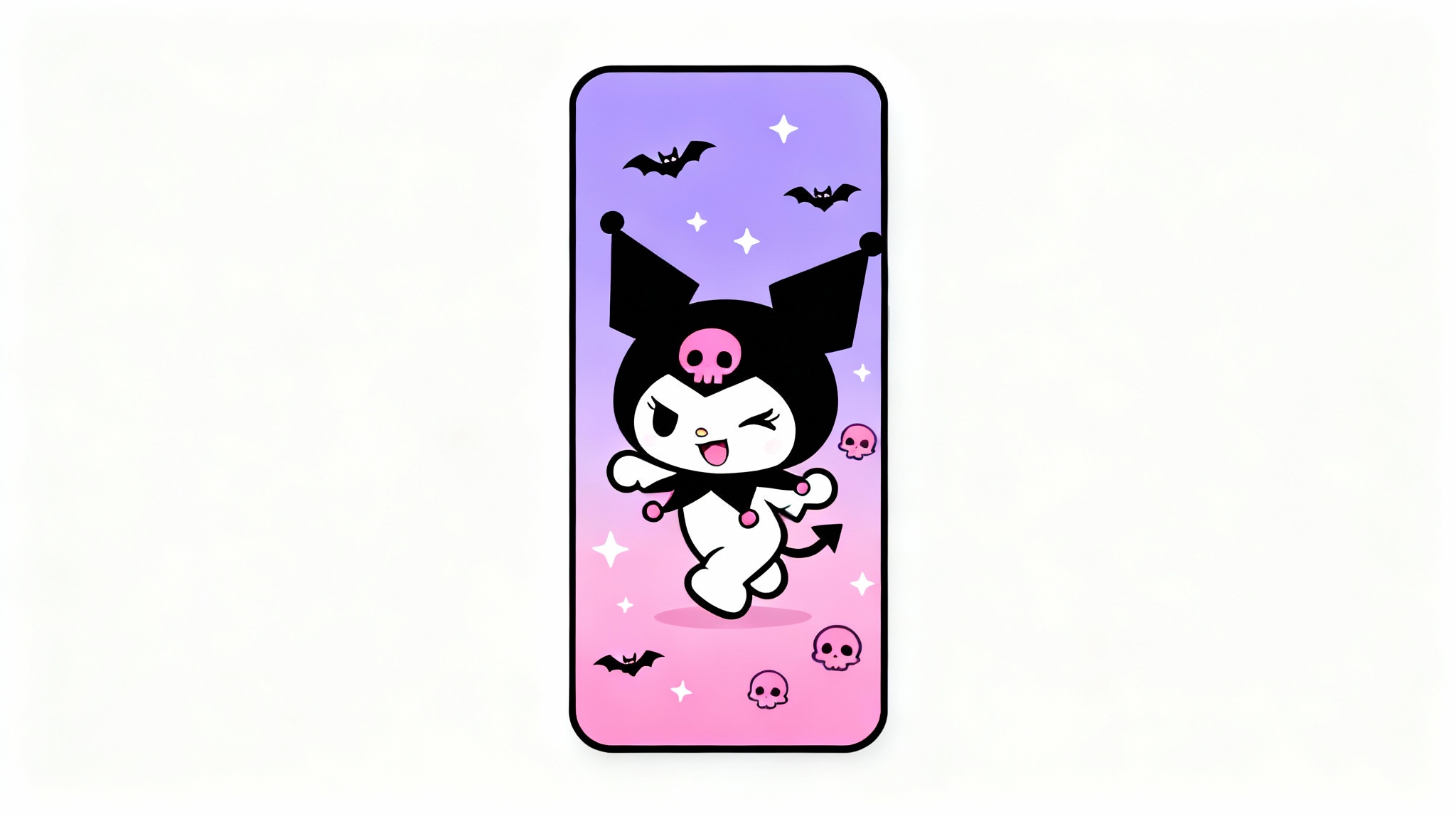 A cute and edgy digital art wallpaper design of the Sanrio character Kuromi, winking against a purple and pink background with bats and skulls.