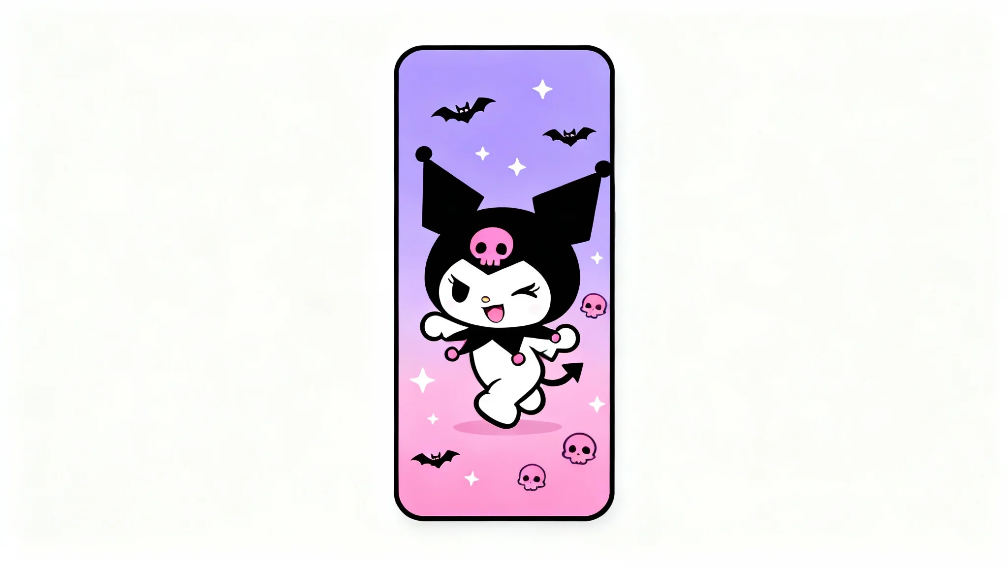 A cute and edgy digital art wallpaper design of the Sanrio character Kuromi, winking against a purple and pink background with bats and skulls.