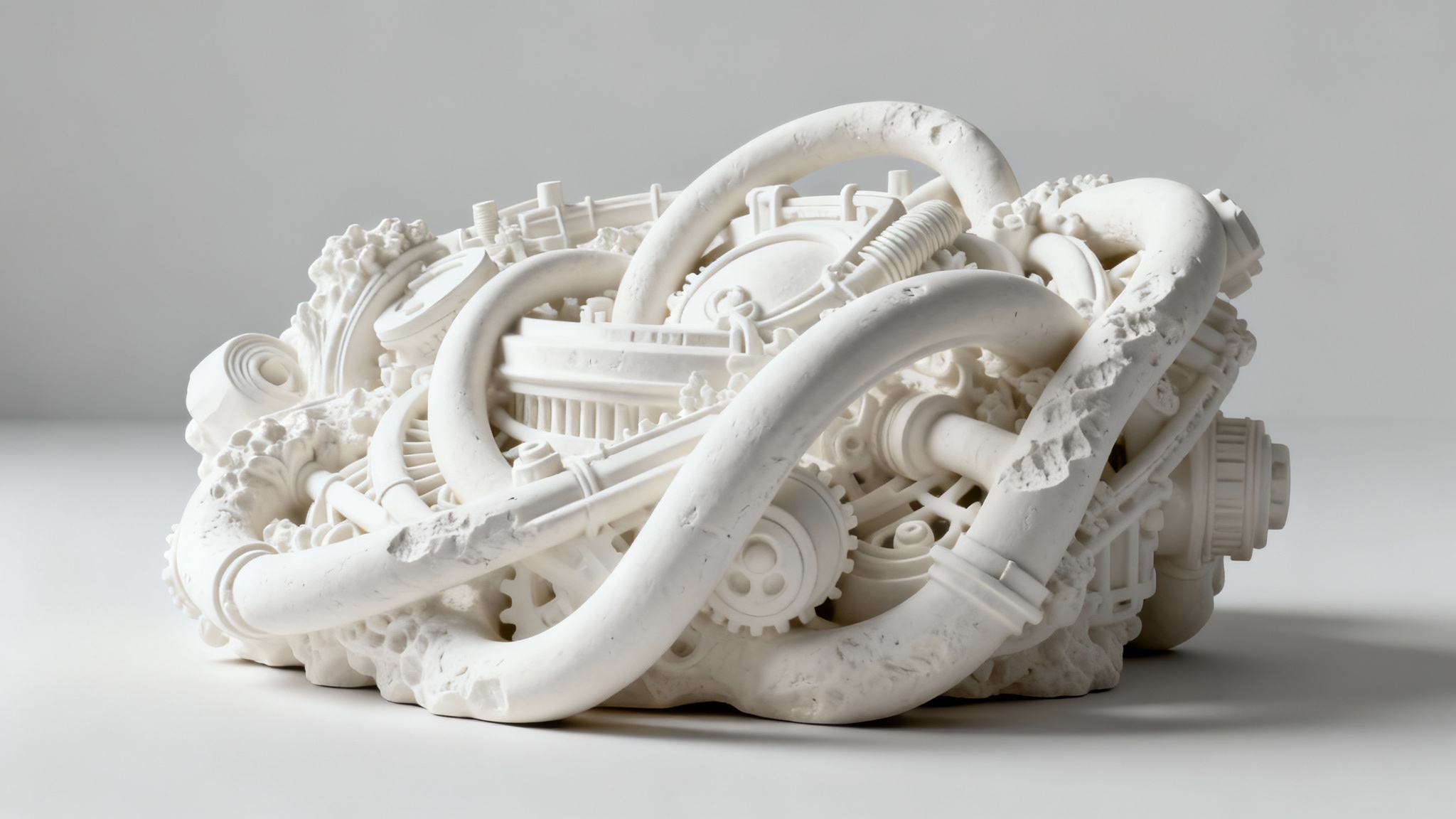 A hyper-realistic 3D render of a complex white object, demonstrating the effect of ambient occlusion with soft, deep shadows in its crevices, which gives it a strong sense of depth and realism.