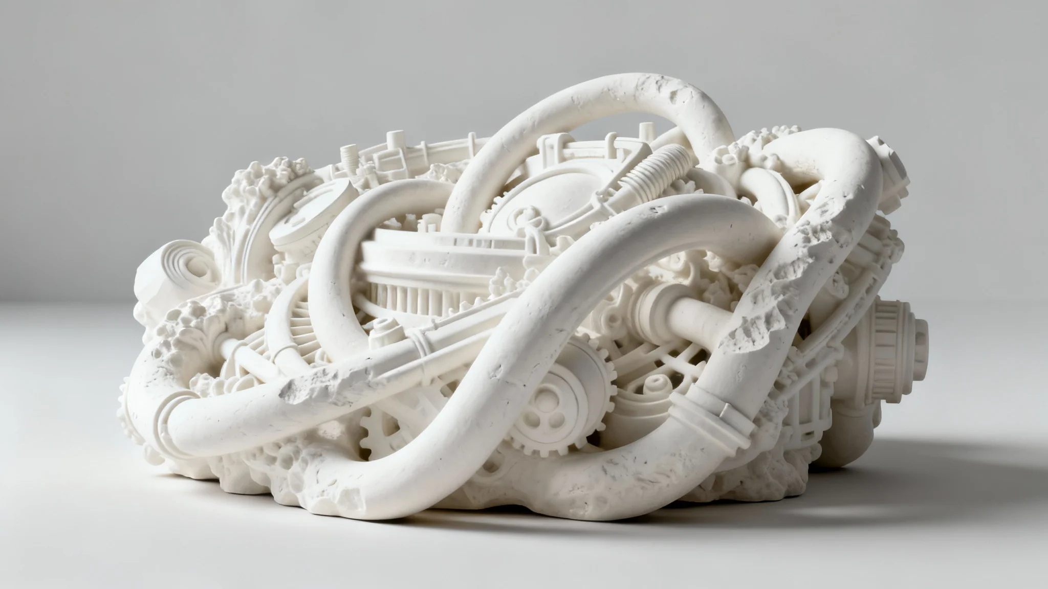 A hyper-realistic 3D render of a complex white object, demonstrating the effect of ambient occlusion with soft, deep shadows in its crevices, which gives it a strong sense of depth and realism.